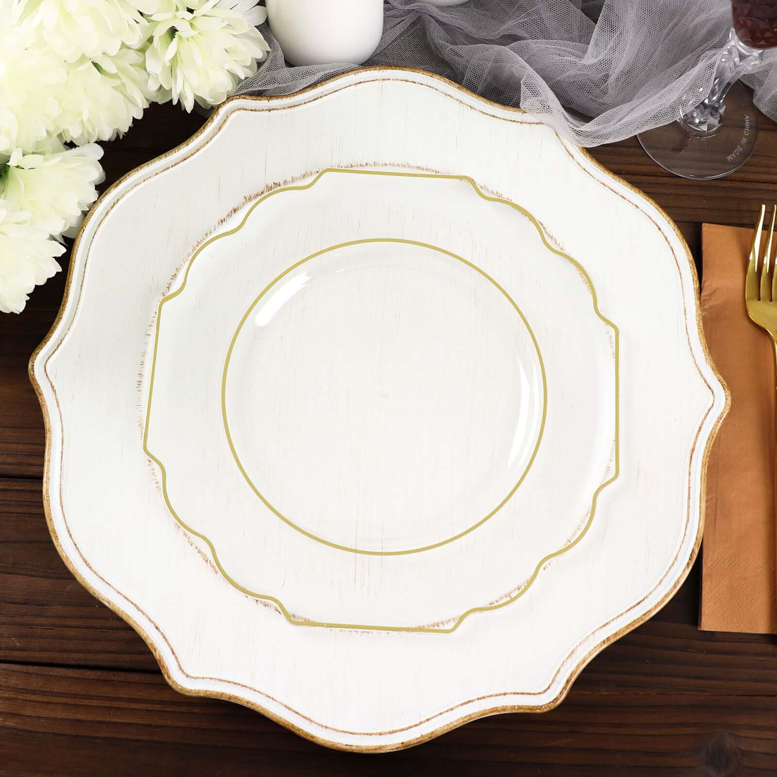 10-Pack Plastic Dessert Appetizer Plates 8" Clear Baroque Design with Scalloped Gold Rim - Heavy Duty Disposable Salad Plates - Image 11