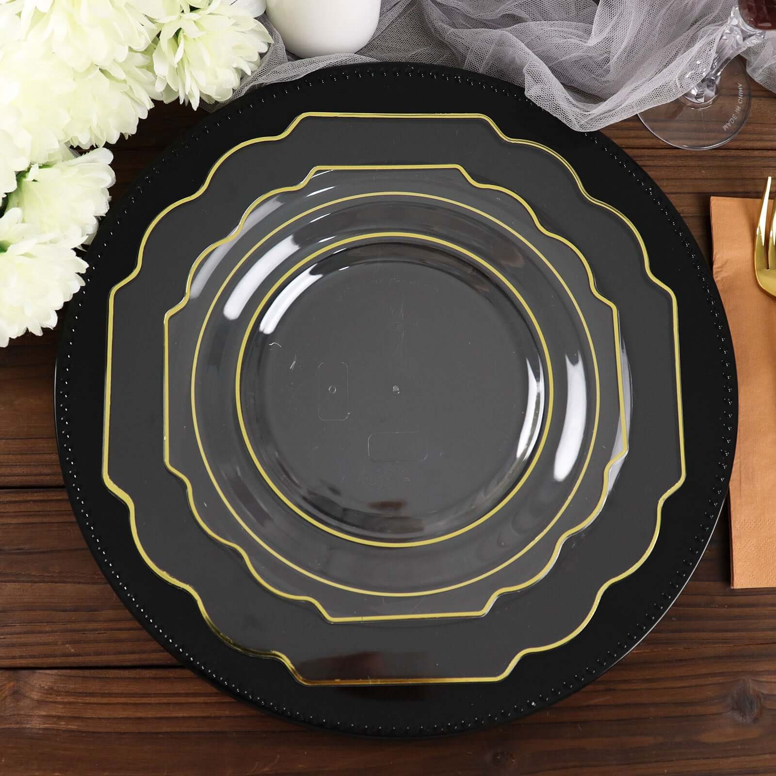 10-Pack Plastic Dessert Appetizer Plates 8" Clear Baroque Design with Scalloped Gold Rim - Heavy Duty Disposable Salad Plates - Image 12
