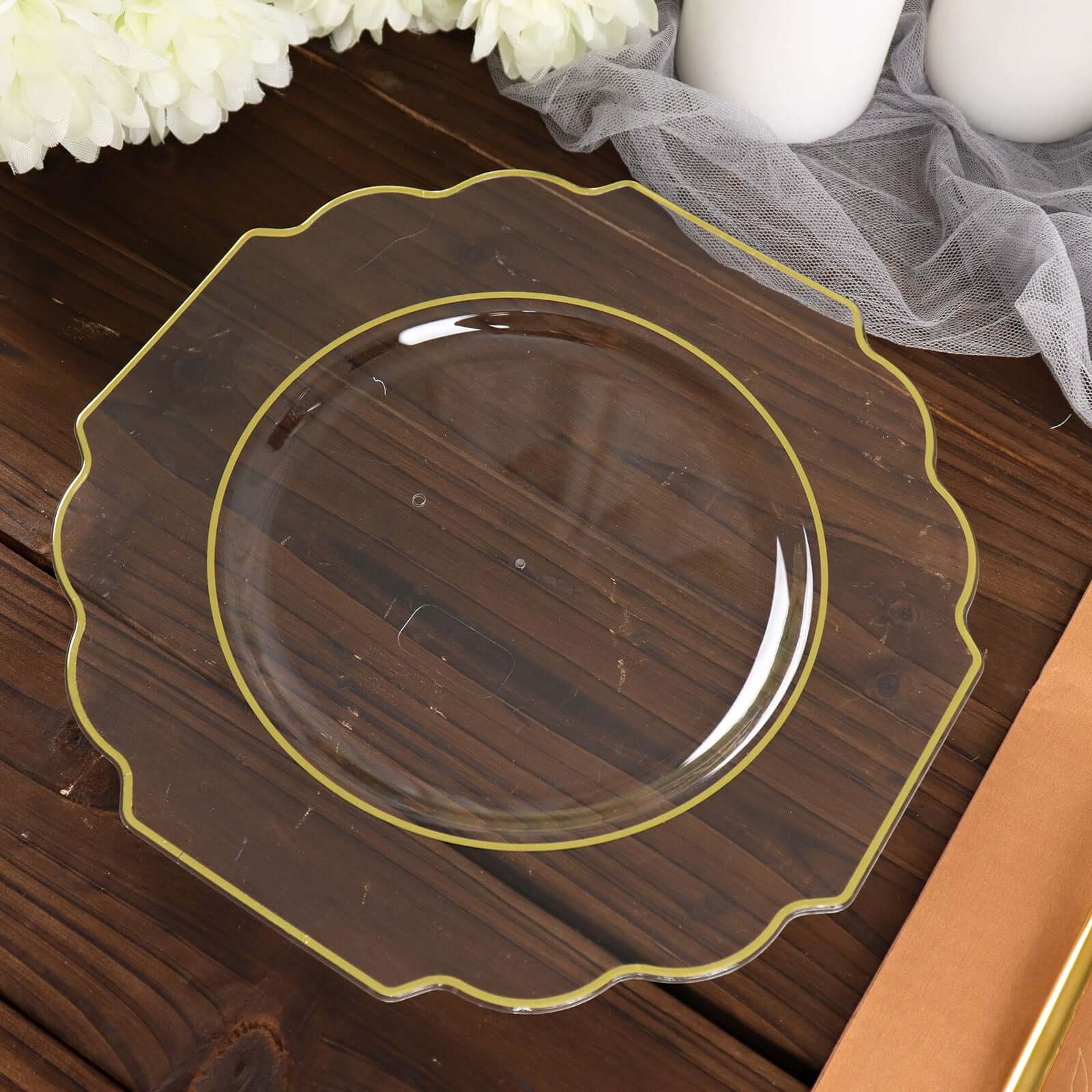 10-Pack Plastic Dessert Appetizer Plates 8" Clear Baroque Design with Scalloped Gold Rim - Heavy Duty Disposable Salad Plates - Image 15