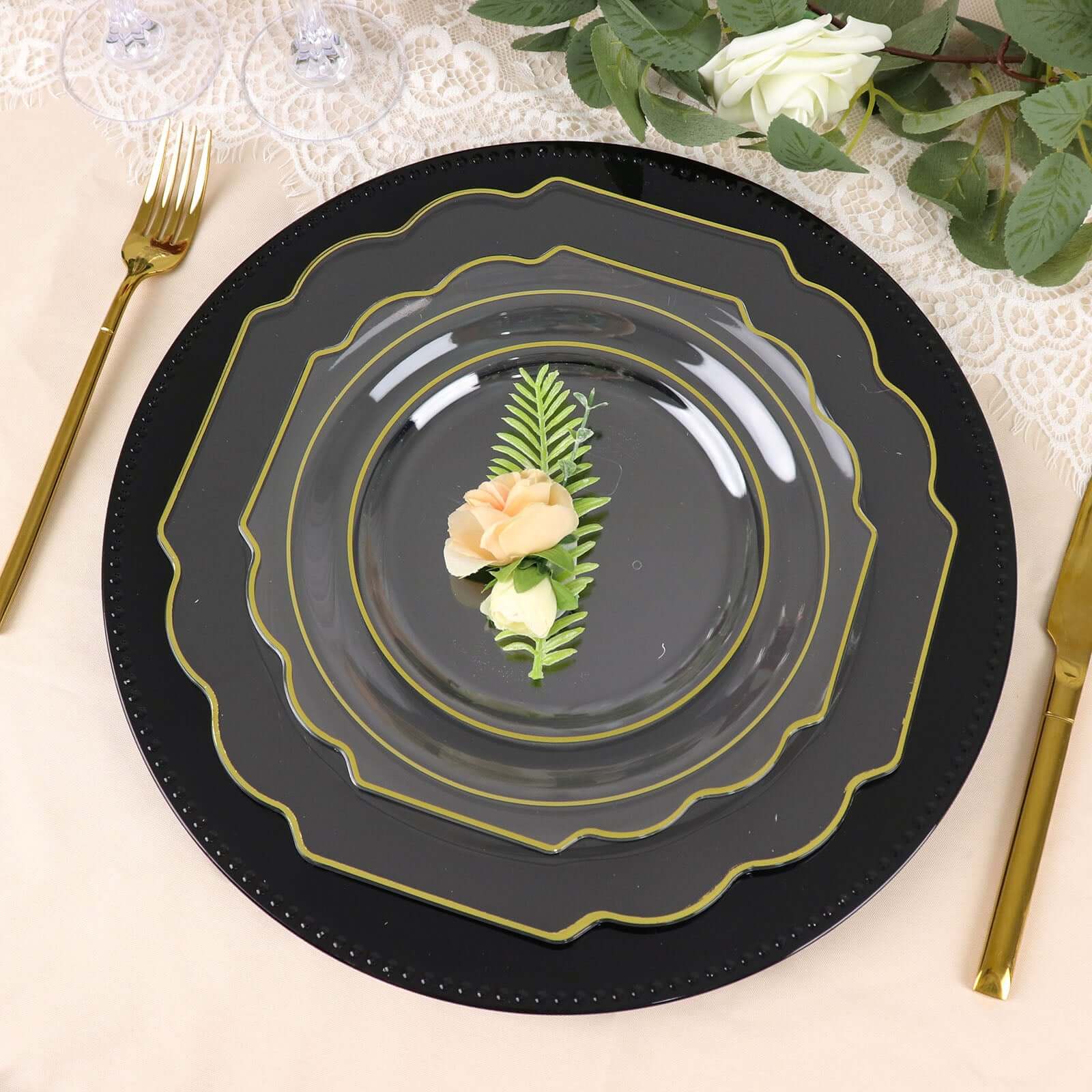 10-Pack Plastic Dessert Appetizer Plates 8" Clear Baroque Design with Scalloped Gold Rim - Heavy Duty Disposable Salad Plates - Image 2