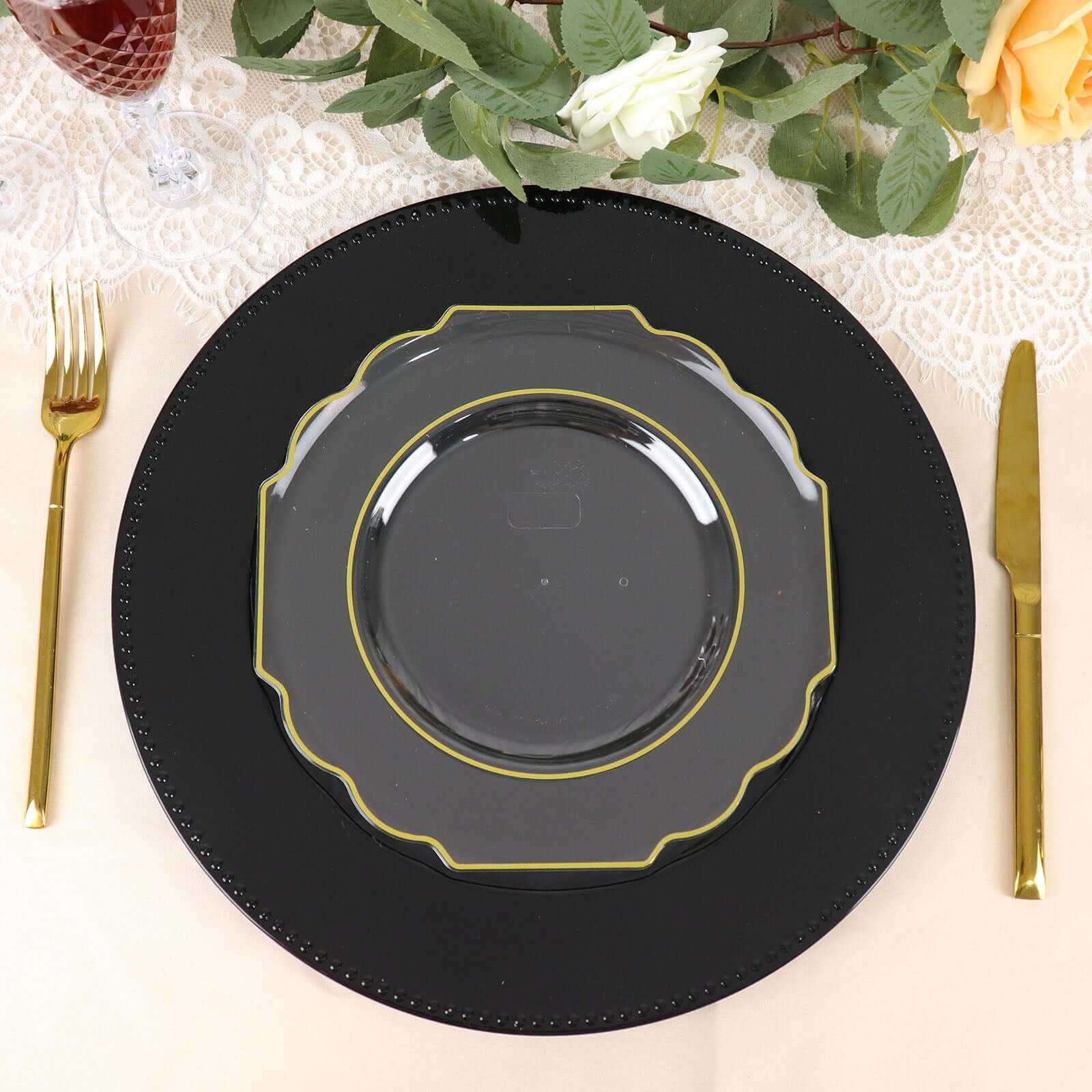10-Pack Plastic Dessert Appetizer Plates 8" Clear Baroque Design with Scalloped Gold Rim - Heavy Duty Disposable Salad Plates - Image 6