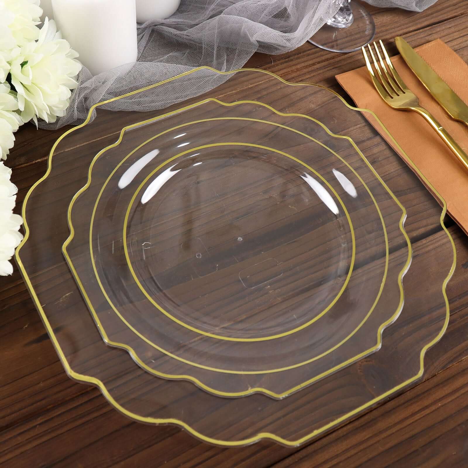 10-Pack Plastic Dessert Appetizer Plates 8" Clear Baroque Design with Scalloped Gold Rim - Heavy Duty Disposable Salad Plates - Image 8