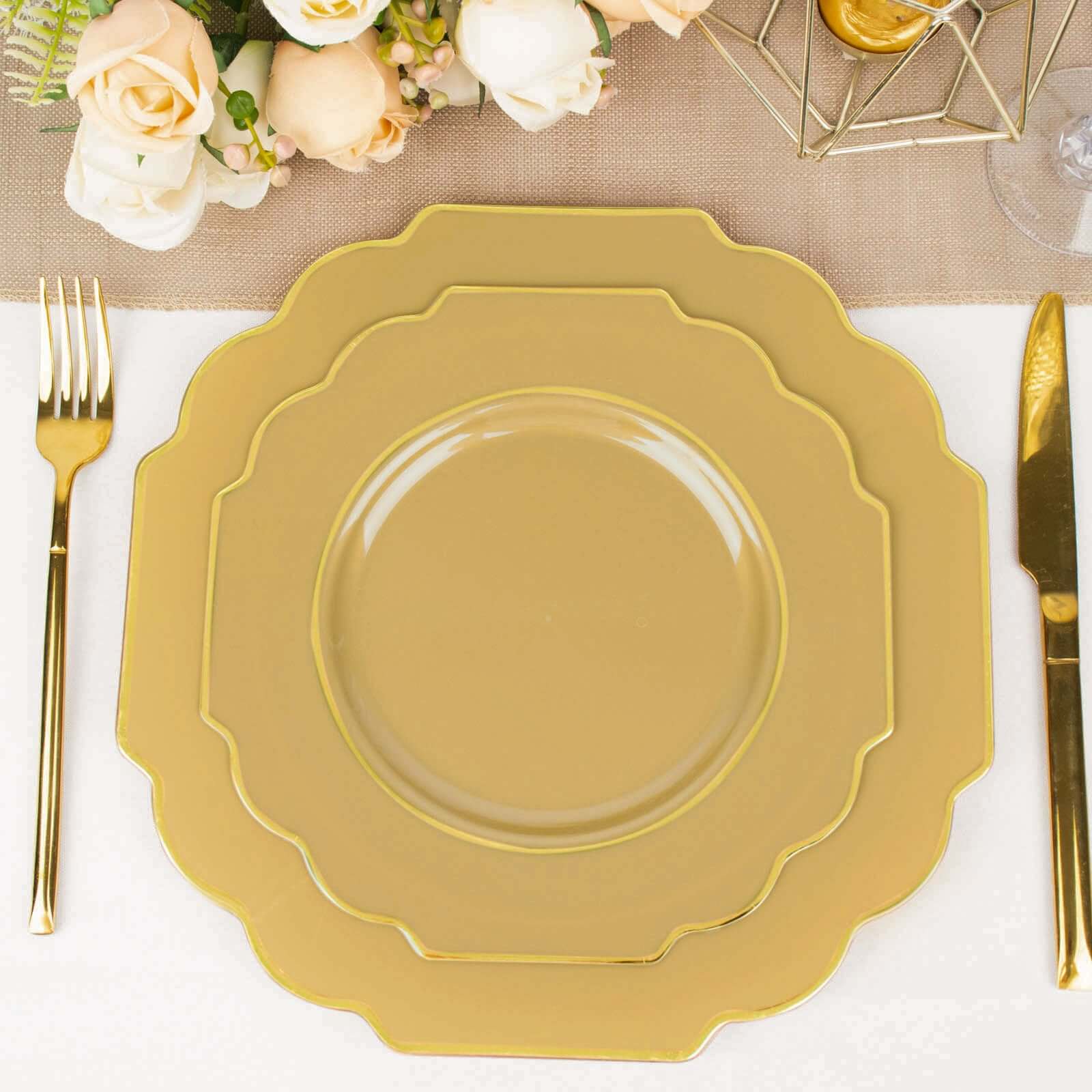 10-Pack Plastic Dessert Appetizer Plates 8" Gold Baroque Design with Scalloped Gold Rim - Heavy Duty Disposable Salad Plates