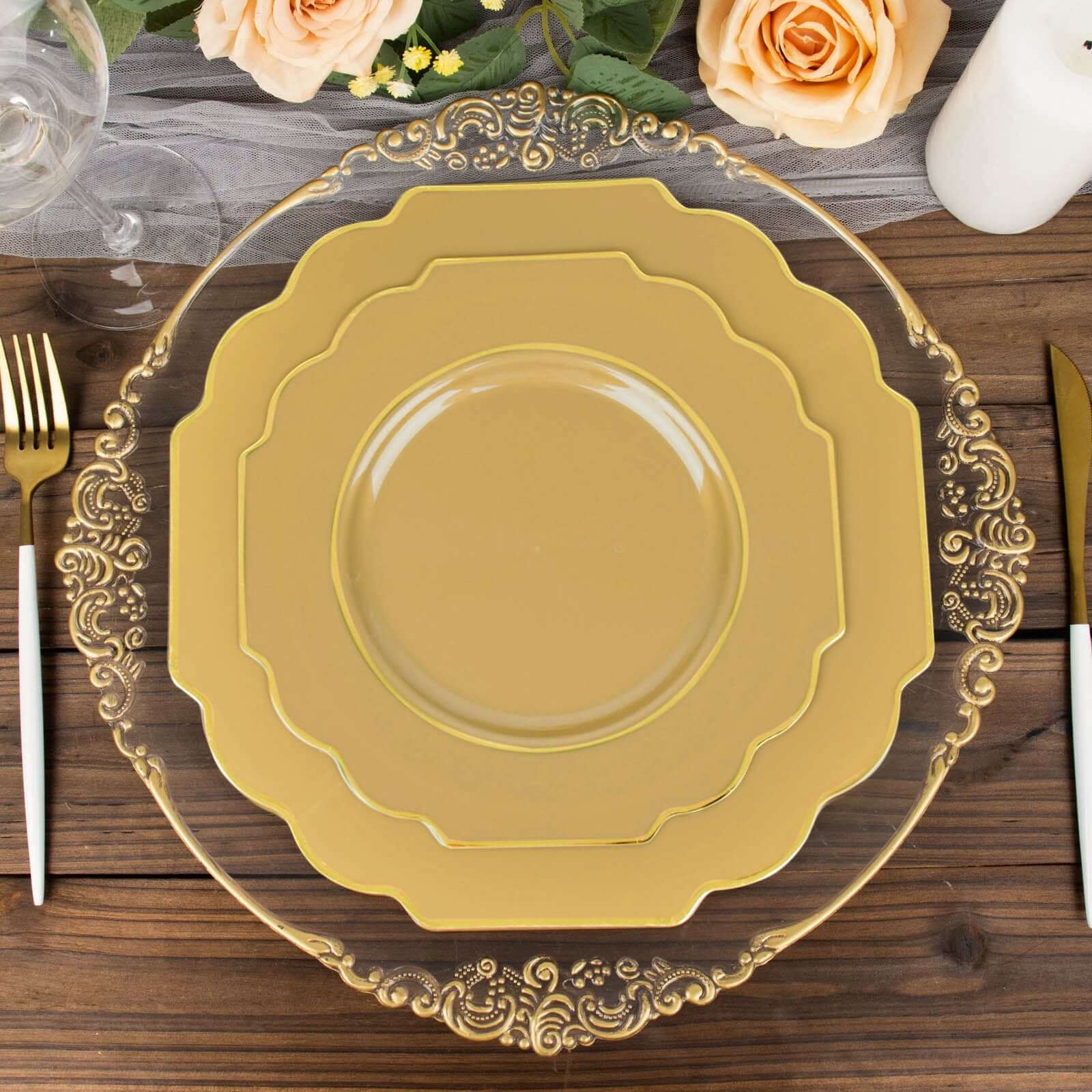 10-Pack Plastic Dessert Appetizer Plates 8" Gold Baroque Design with Scalloped Gold Rim - Heavy Duty Disposable Salad Plates - Image 2