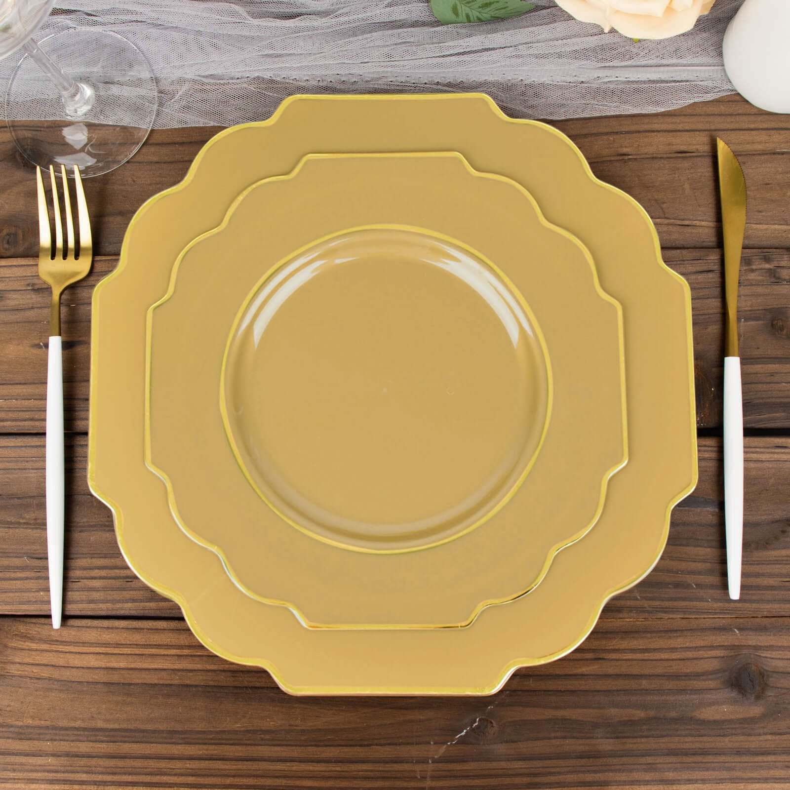 10-Pack Plastic Dessert Appetizer Plates 8" Gold Baroque Design with Scalloped Gold Rim - Heavy Duty Disposable Salad Plates - Image 8