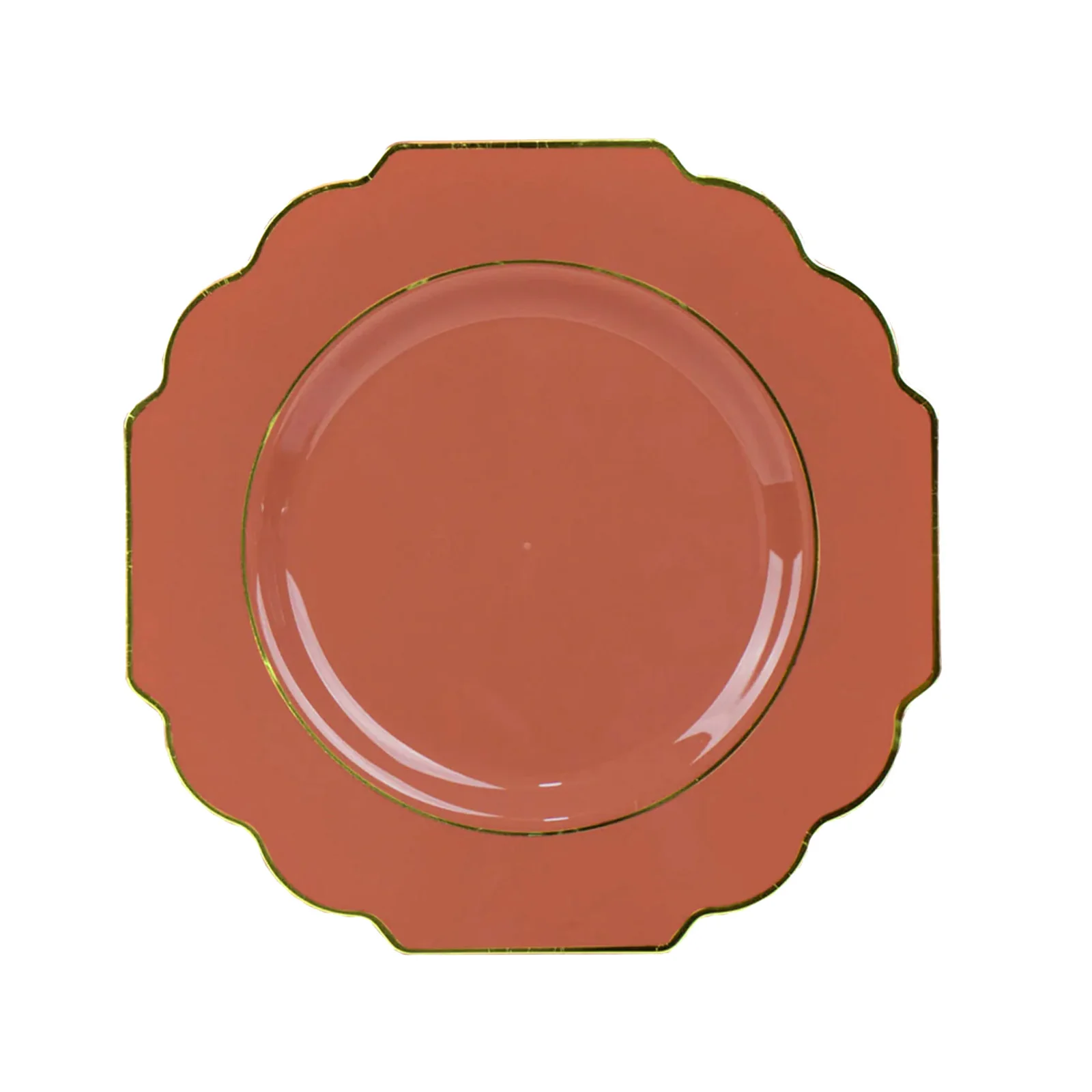 10-Pack Plastic Dessert Appetizer Plates 8" Terracotta (Rust) Baroque Design with Scalloped Gold Rim - Heavy Duty Disposable Salad Plates - Image 2