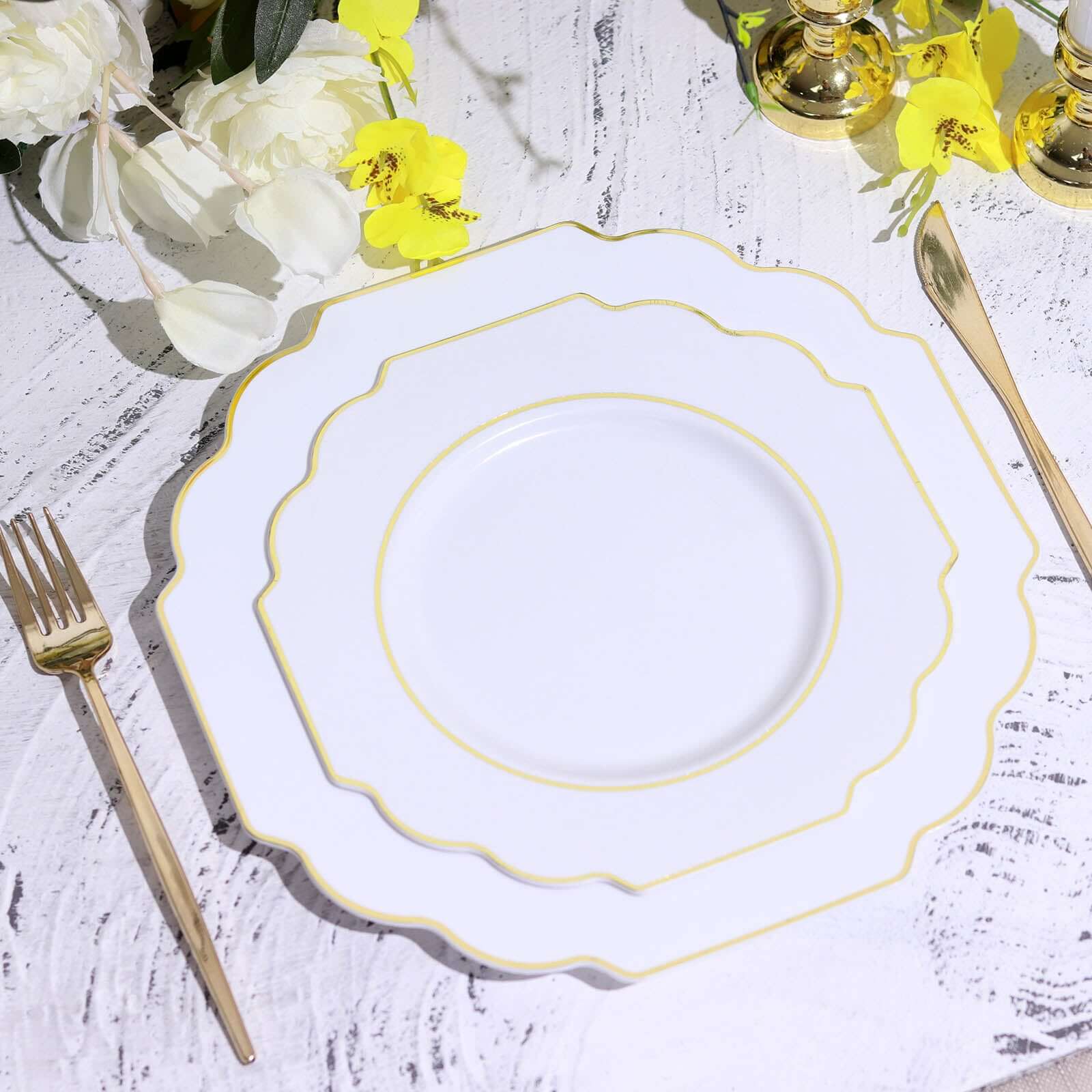 10-Pack Plastic Dessert Appetizer Plates 8" White Baroque Design with Scalloped Gold Rim - Heavy Duty Disposable Salad Plates for Buffets & Catered Events