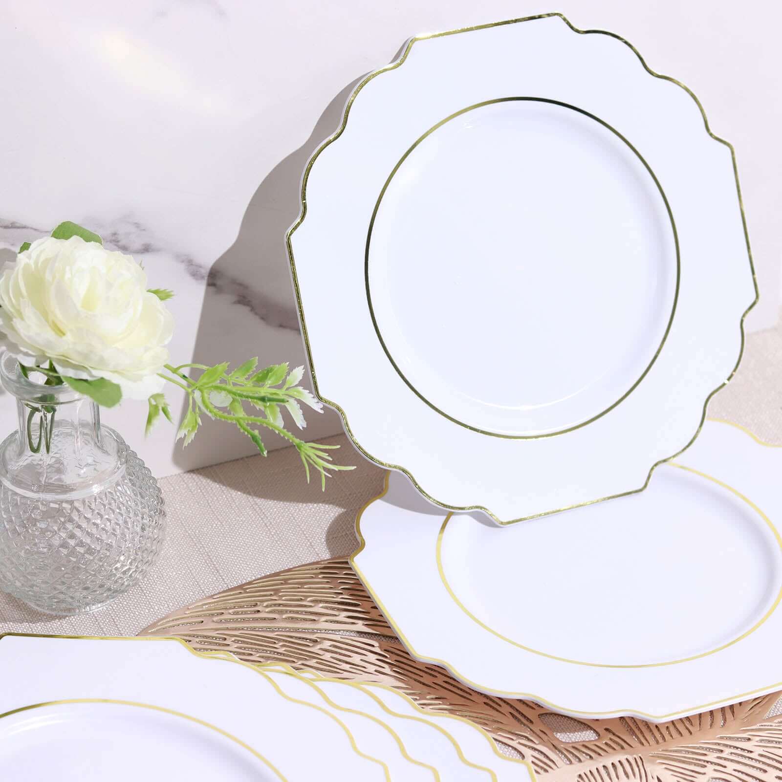 10-Pack Plastic Dessert Appetizer Plates 8" White Baroque Design with Scalloped Gold Rim - Heavy Duty Disposable Salad Plates for Buffets & Catered Events - Image 2