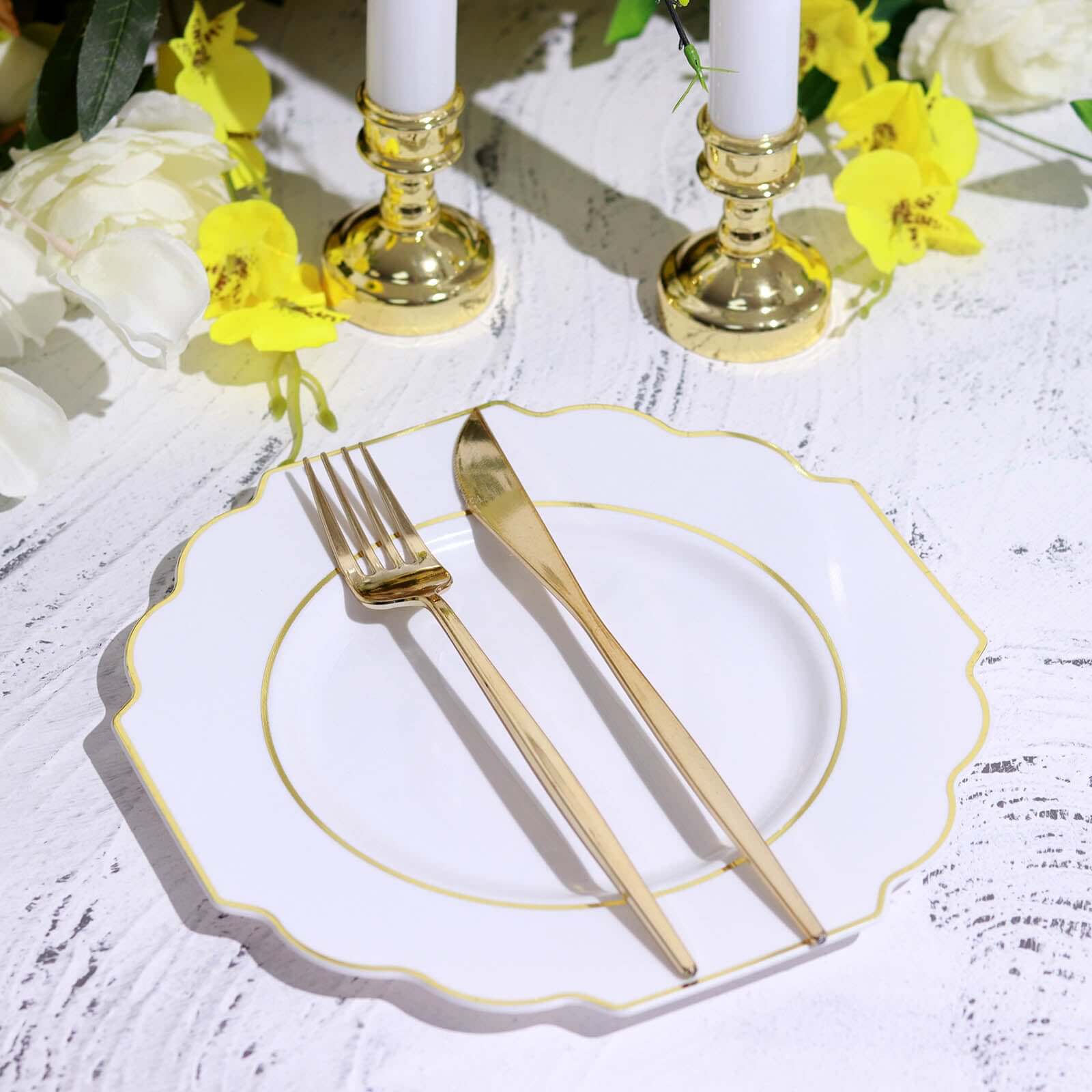 10-Pack Plastic Dessert Appetizer Plates 8" White Baroque Design with Scalloped Gold Rim - Heavy Duty Disposable Salad Plates for Buffets & Catered Events - Image 6