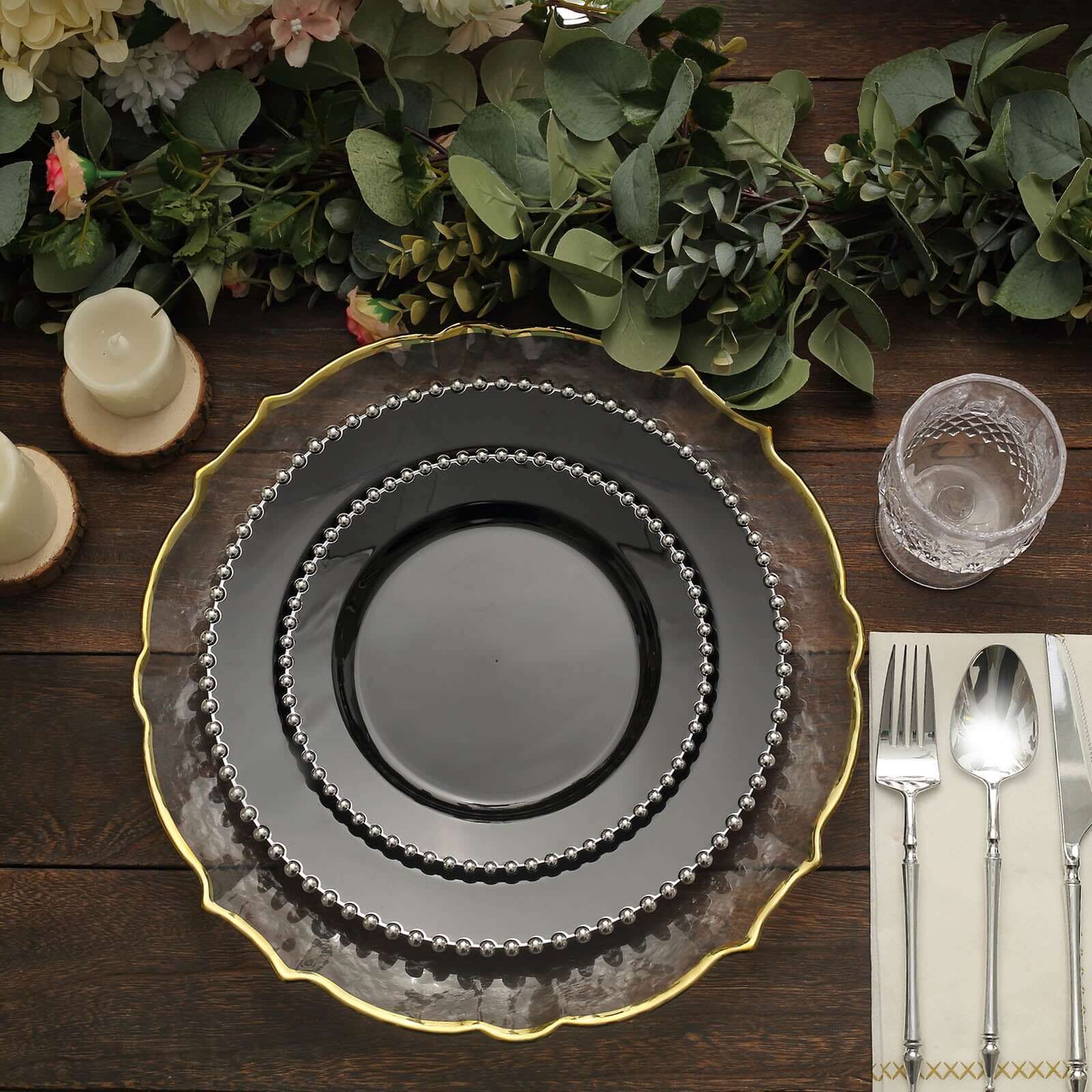 10 Pack Plastic Dessert Appetizer Plates in Black with Silver Beaded Rim, Disposable Round Salad Party Plates 8" - Image 17
