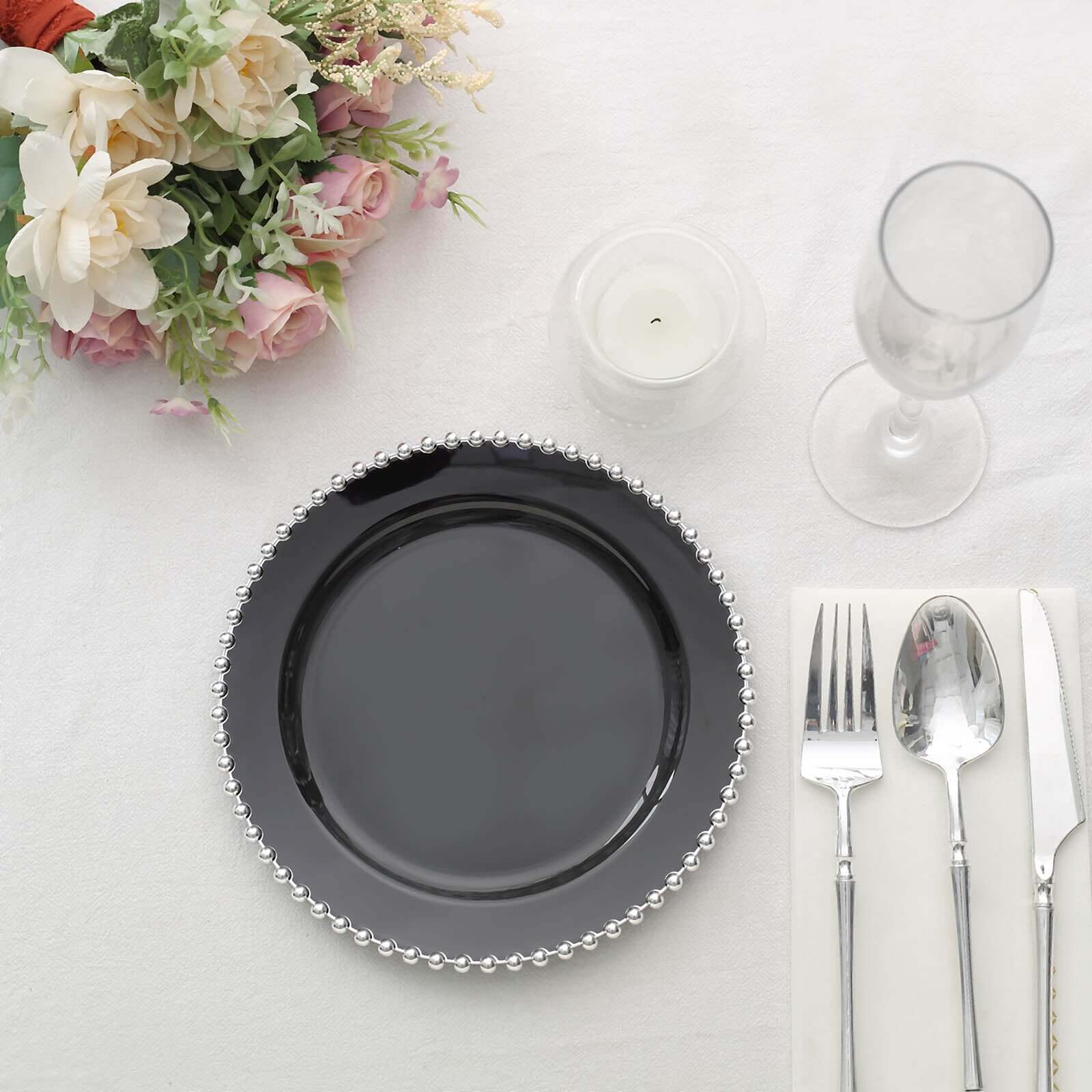 10 Pack Plastic Dessert Appetizer Plates in Black with Silver Beaded Rim, Disposable Round Salad Party Plates 8" - Image 18