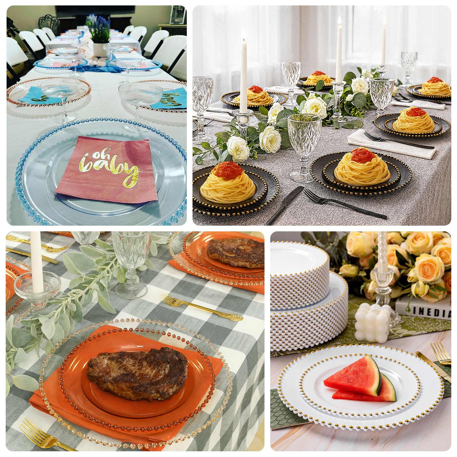 10 Pack Plastic Dessert Appetizer Plates in Black with Silver Beaded Rim, Disposable Round Salad Party Plates 8" - Image 5