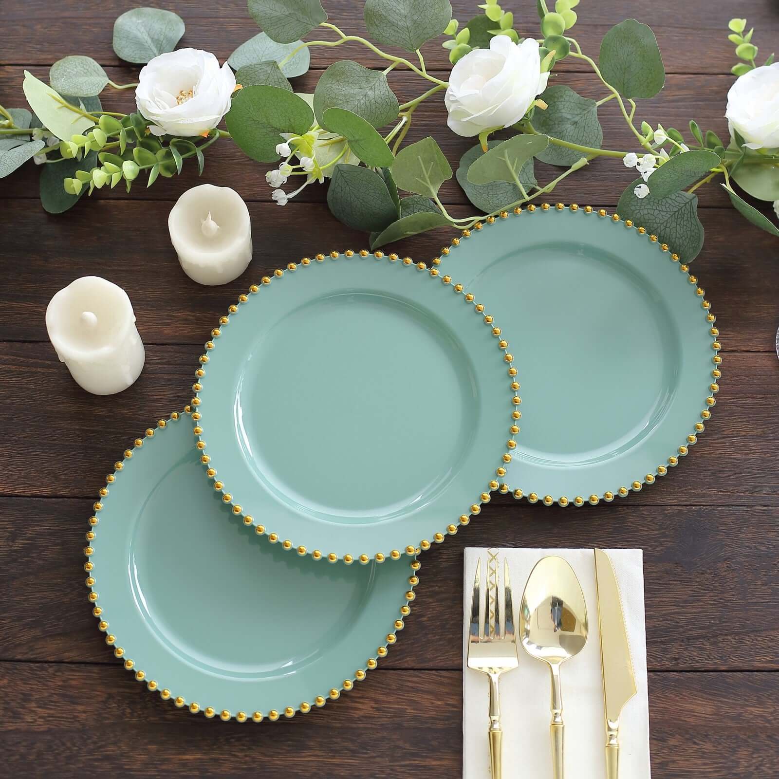 10 Pack Plastic Dessert Appetizer Plates in Dusty Sage Green with Gold Beaded Rim, Disposable Round Salad Party Plates 8" - Image 2
