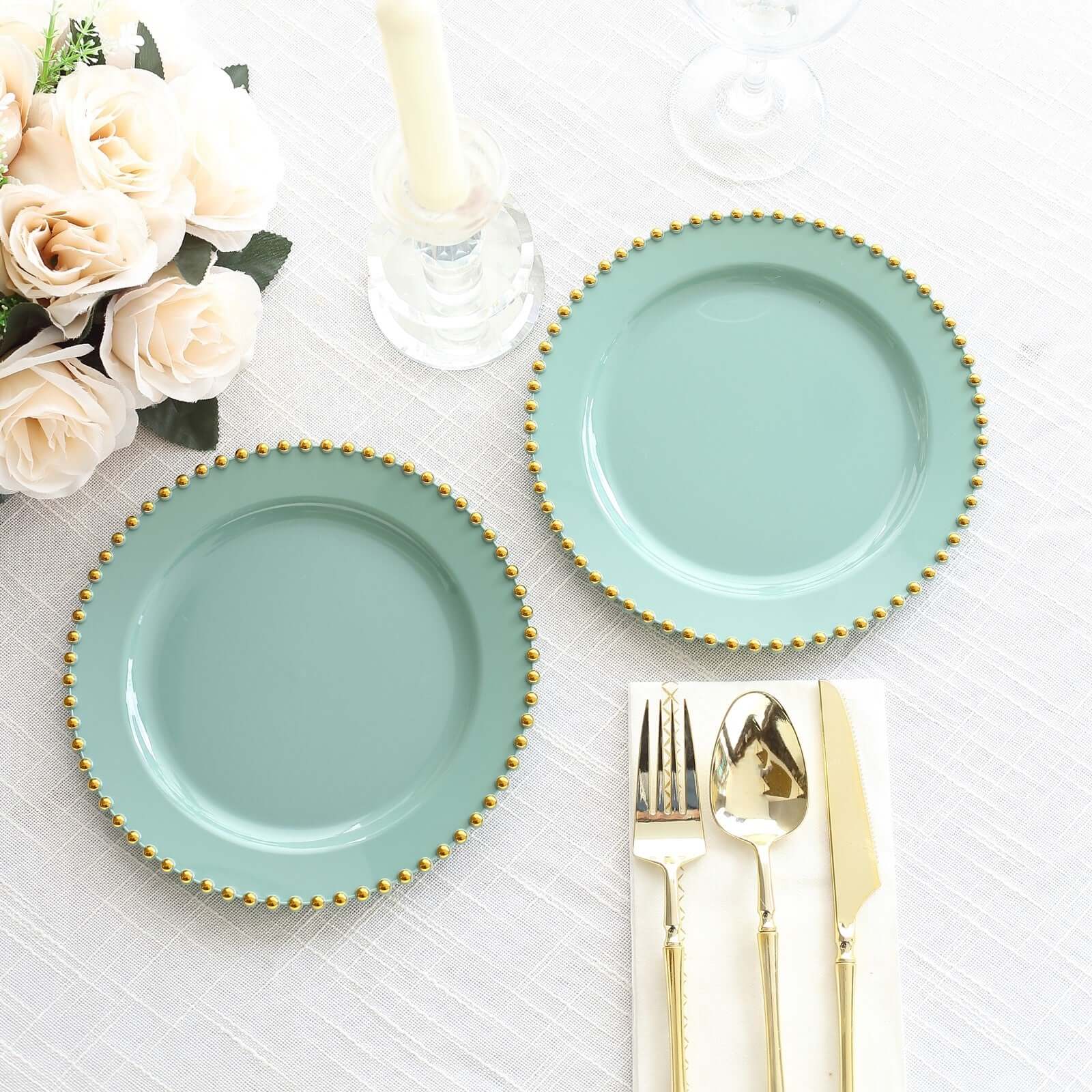 10 Pack Plastic Dessert Appetizer Plates in Dusty Sage Green with Gold Beaded Rim, Disposable Round Salad Party Plates 8" - Image 7