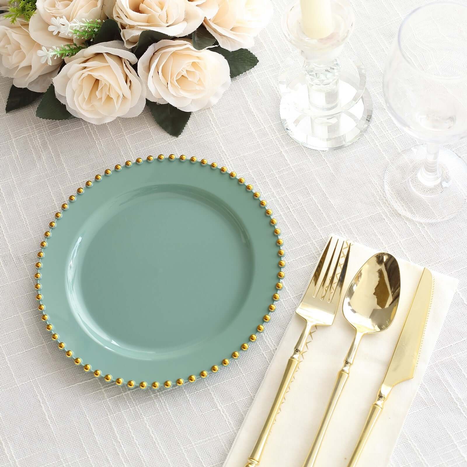 10 Pack Plastic Dessert Appetizer Plates in Dusty Sage Green with Gold Beaded Rim, Disposable Round Salad Party Plates 8" - Image 8