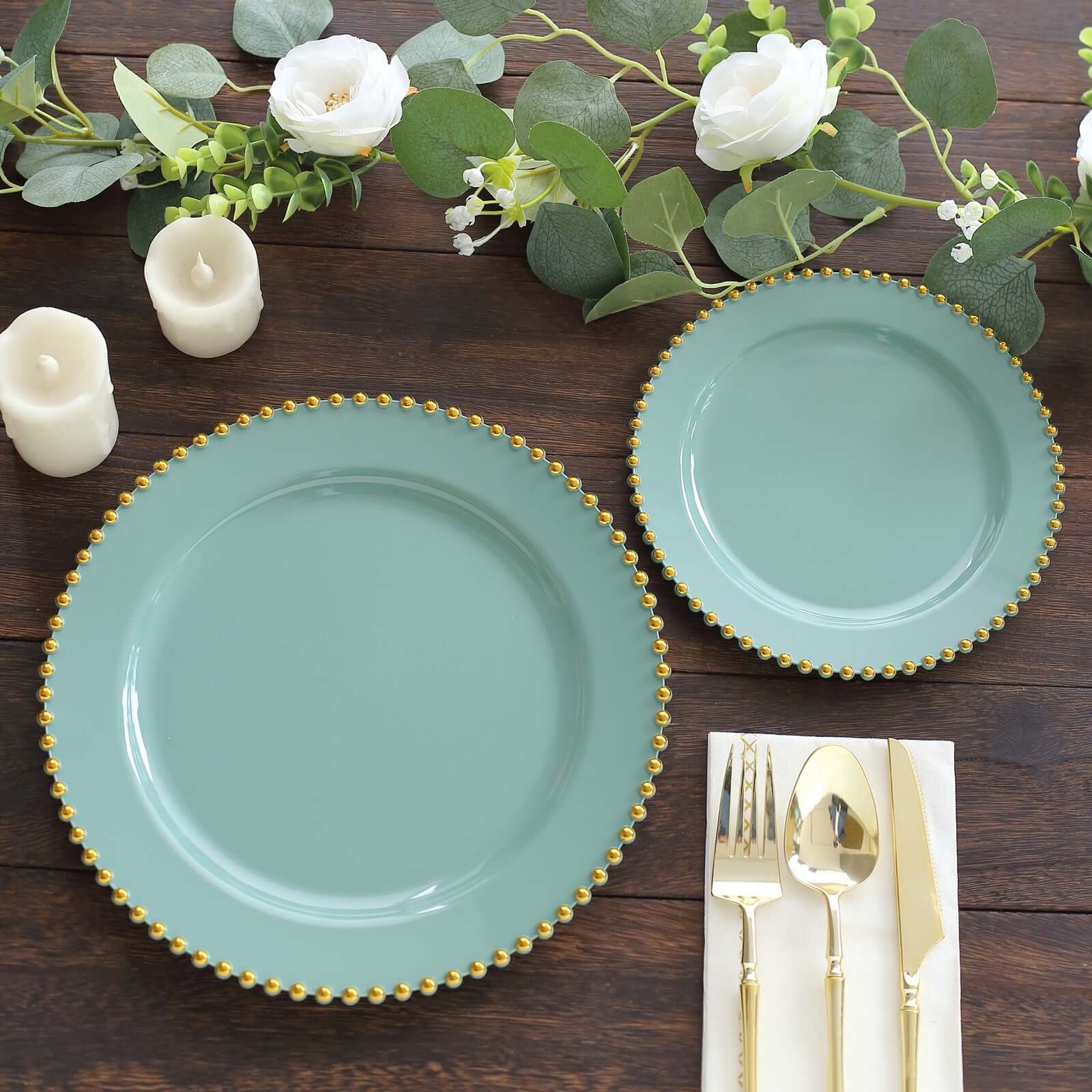 10 Pack Plastic Dessert Appetizer Plates in Dusty Sage Green with Gold Beaded Rim, Disposable Round Salad Party Plates 8" - Image 9