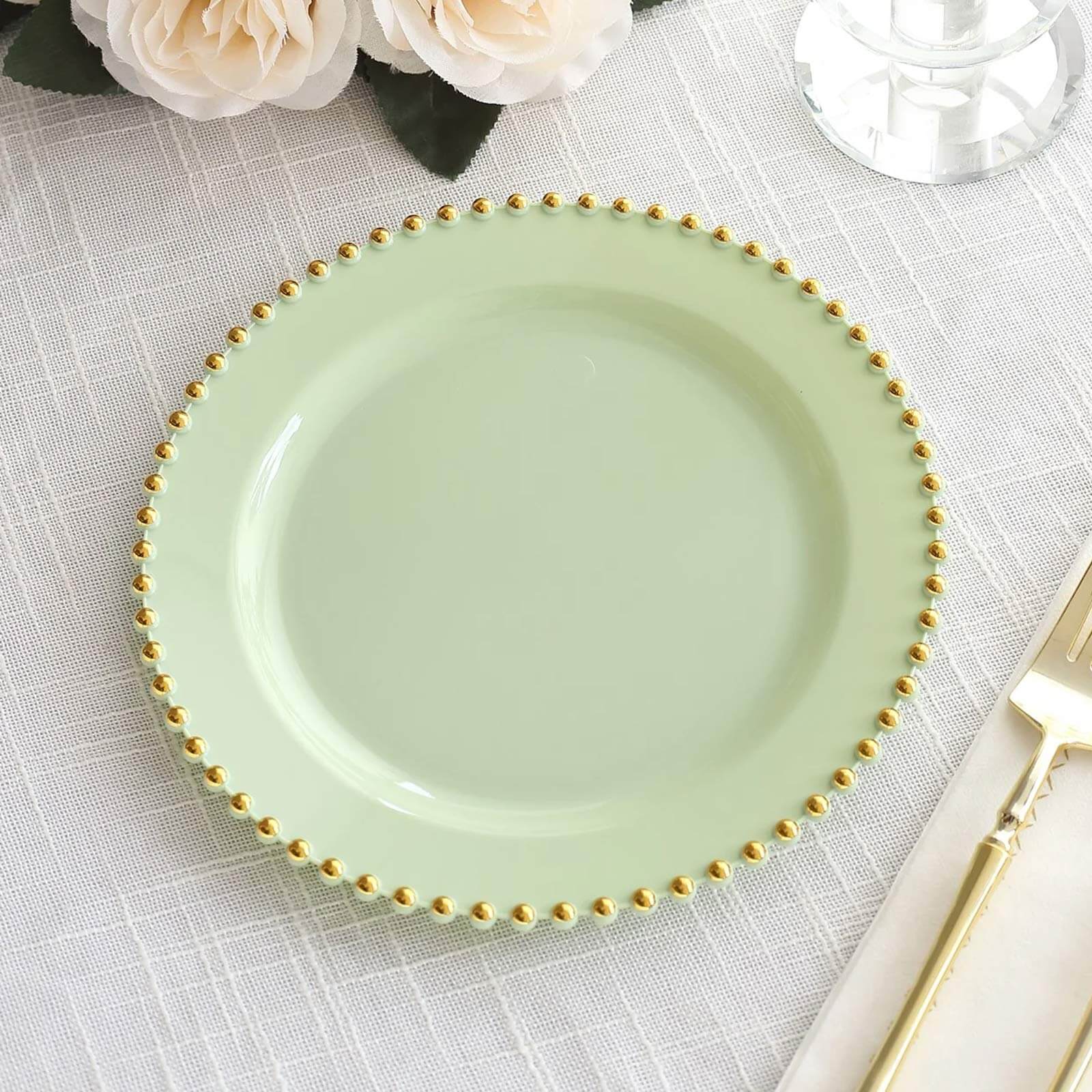 10 Pack Plastic Dessert Appetizer Plates in Sage Green with Gold Beaded Rim, Disposable Round Salad Party Plates 8"