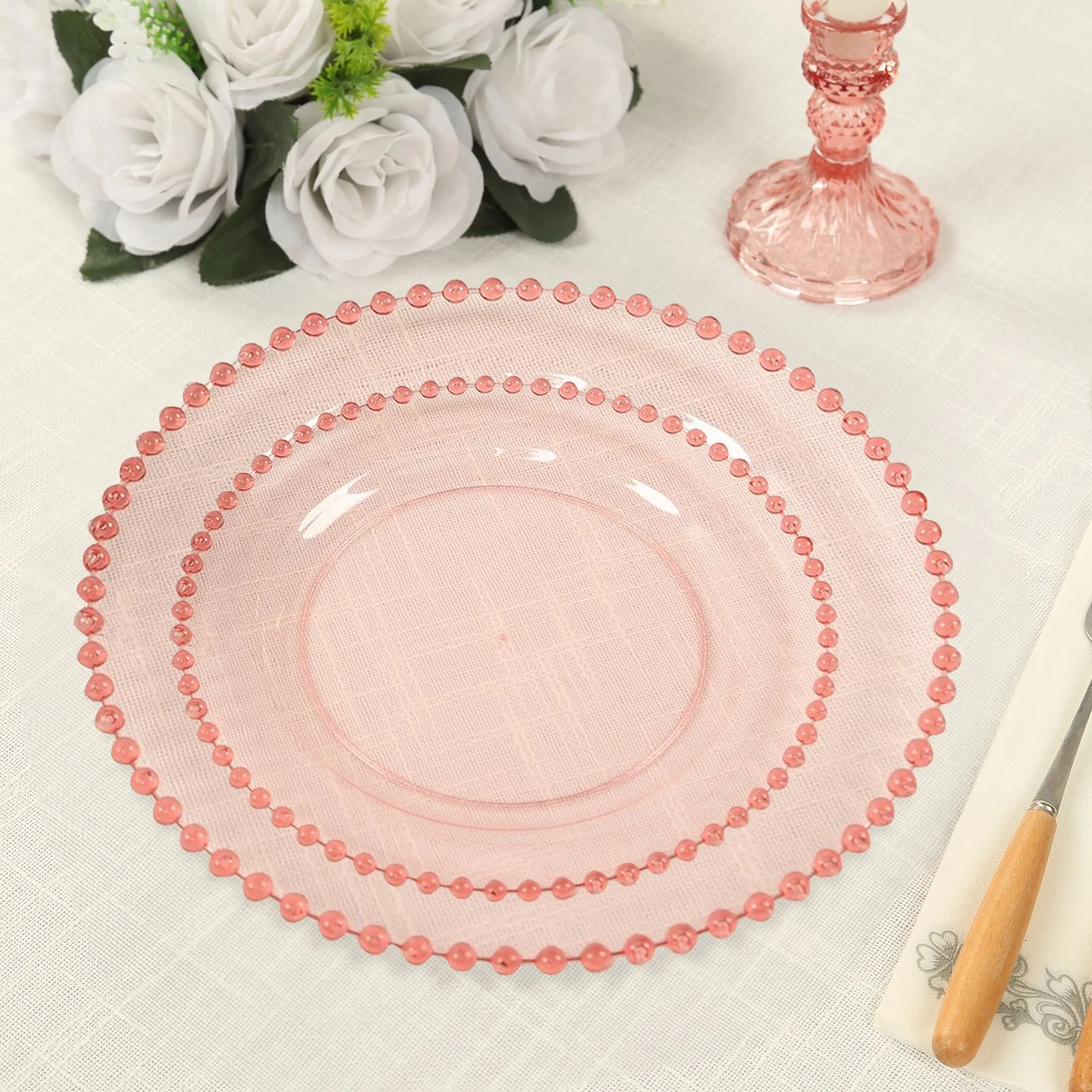 10-Pack Plastic Dessert Appetizer Plates in Transparent Blush with Beaded Rim, Disposable Round Salad Party Plates 8" - Image 10