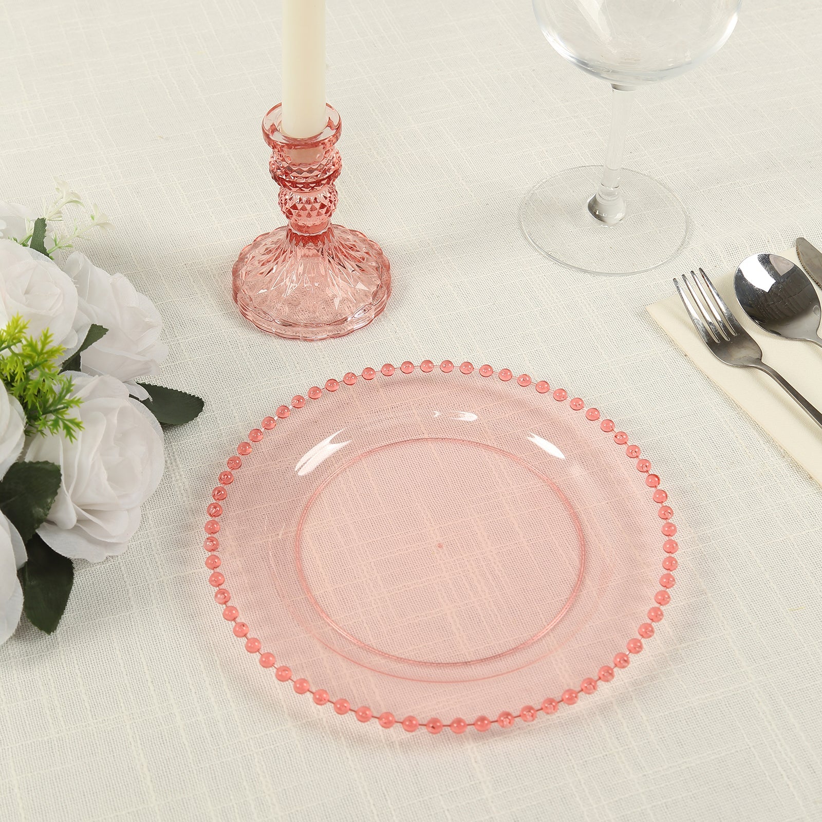 10-Pack Plastic Dessert Appetizer Plates in Transparent Blush with Beaded Rim, Disposable Round Salad Party Plates 8" - Image 6