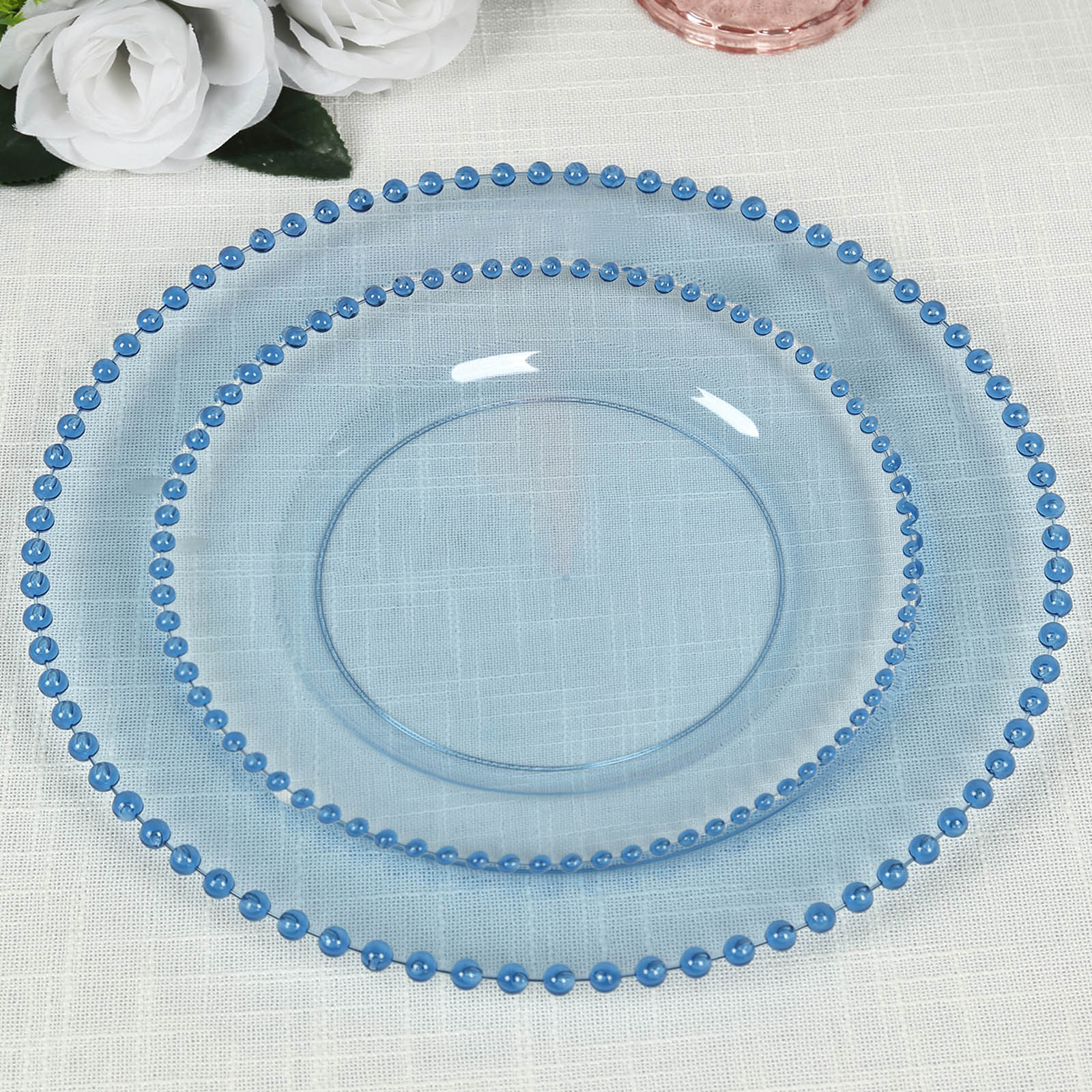10-Pack Plastic Dessert Appetizer Plates in Transparent Dusty Blue with Beaded Rim, Disposable Round Salad Party Plates 8"