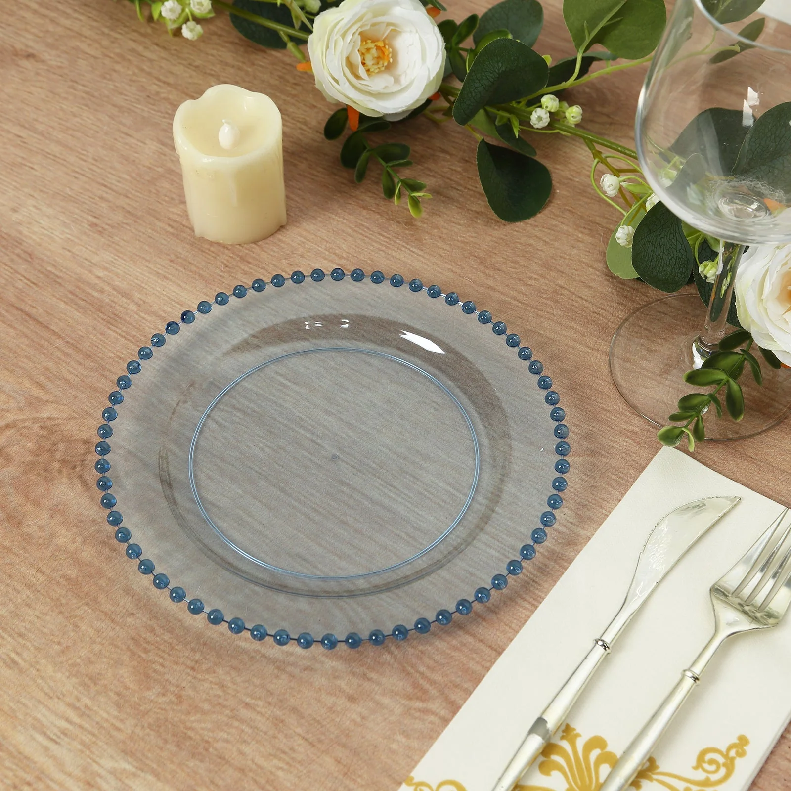 10-Pack Plastic Dessert Appetizer Plates in Transparent Dusty Blue with Beaded Rim, Disposable Round Salad Party Plates 8" - Image 10