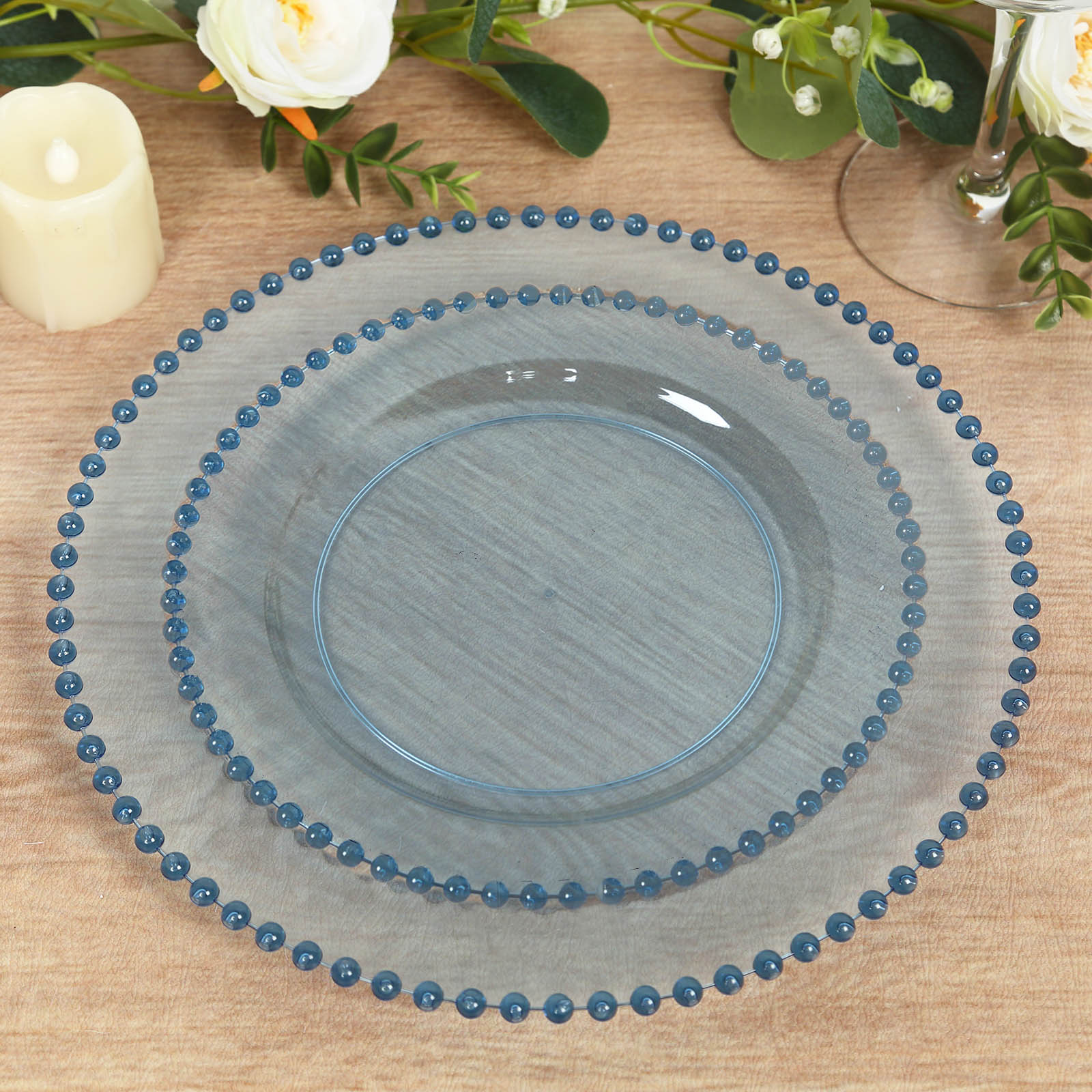 10-Pack Plastic Dessert Appetizer Plates in Transparent Dusty Blue with Beaded Rim, Disposable Round Salad Party Plates 8" - Image 7