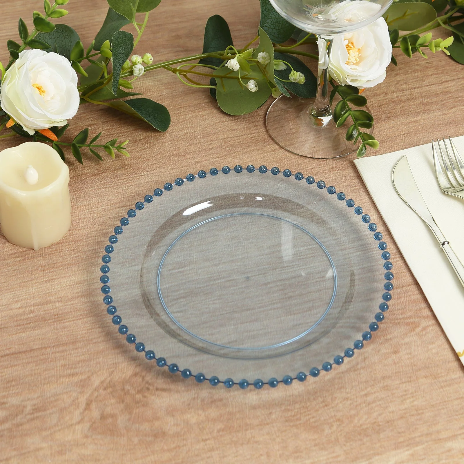 10-Pack Plastic Dessert Appetizer Plates in Transparent Dusty Blue with Beaded Rim, Disposable Round Salad Party Plates 8" - Image 8