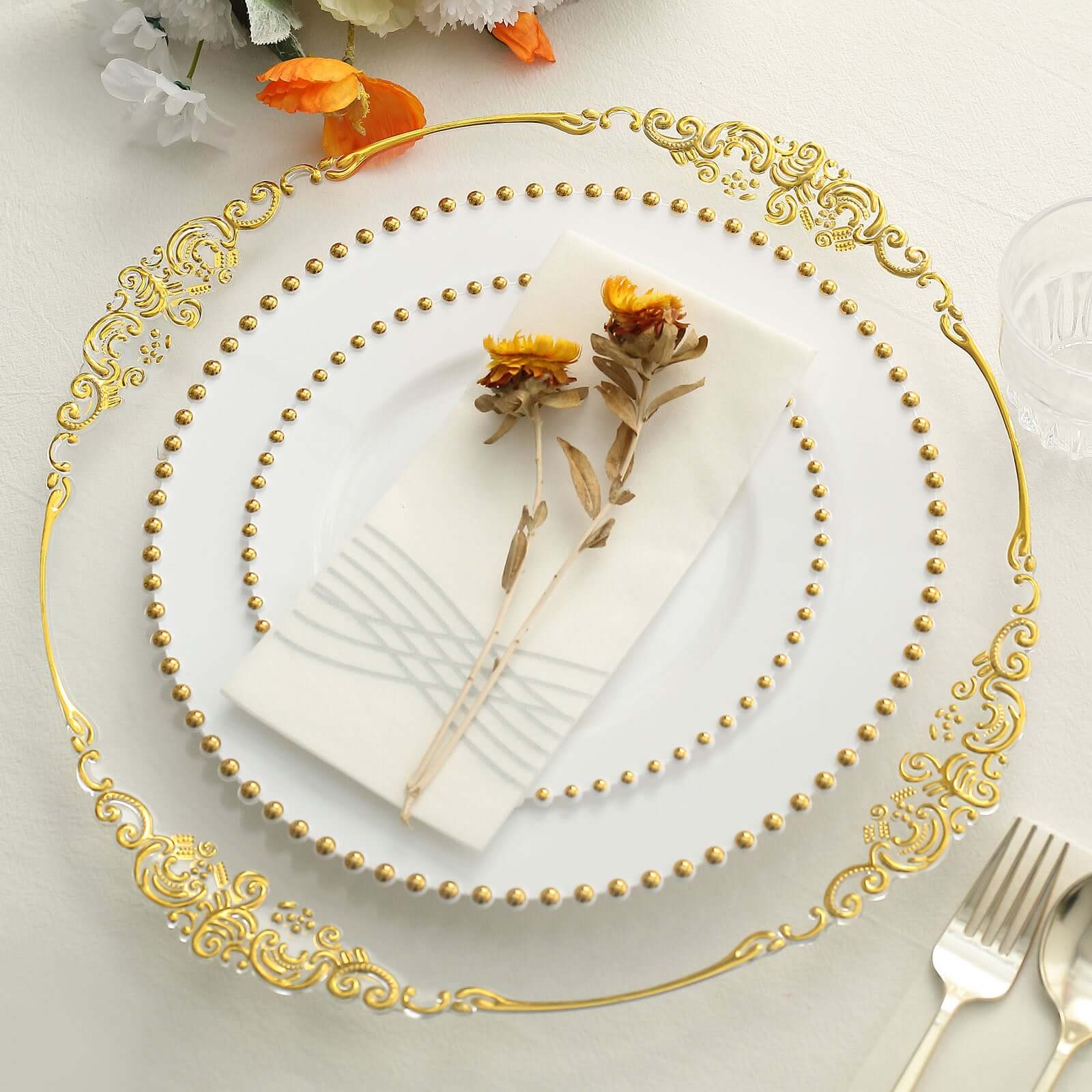 10 Pack Plastic Dessert Appetizer Plates in White with Gold Beaded Rim, Disposable Round Salad Party Plates 8" - Image 2