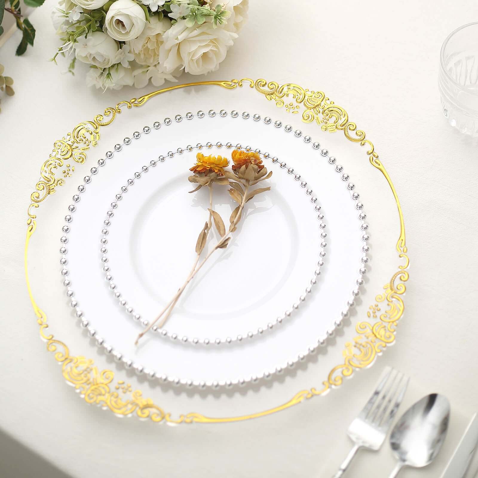 10 Pack Plastic Dessert Appetizer Plates in White with Silver Beaded Rim, Disposable Round Salad Party Plates 8" - Image 2