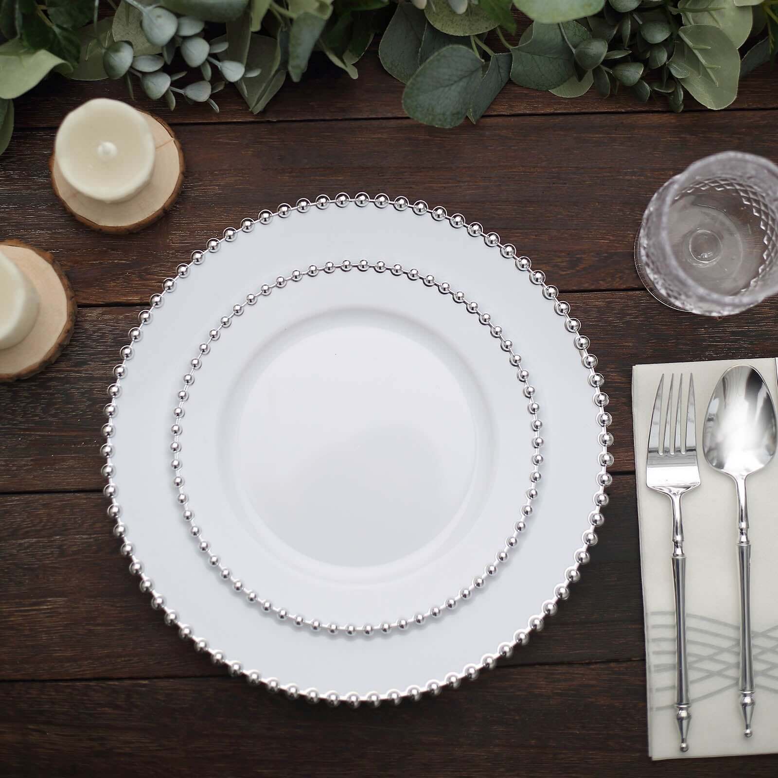 10 Pack Plastic Dessert Appetizer Plates in White with Silver Beaded Rim, Disposable Round Salad Party Plates 8" - Image 8