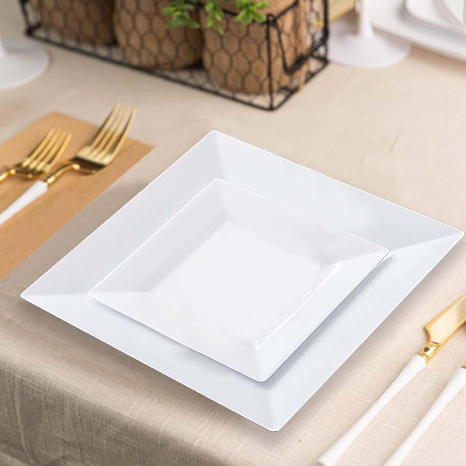 10-Pack Plastic Dessert Plates 6" Square Design with Wide Rim Glossy White - Disposable Appetizer Plates