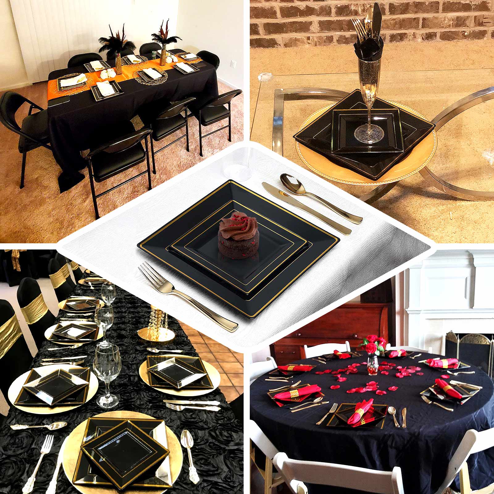 10-Pack Plastic Dinner Plates 10" Black Square with Gold Trim - Stylish Disposable Party Plates - Image 5