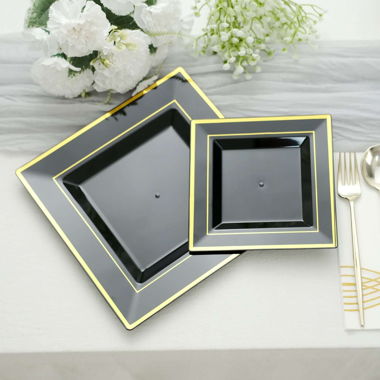 10-Pack Plastic Dinner Plates 10" Black Square with Gold Trim - Stylish Disposable Party Plates - Image 8