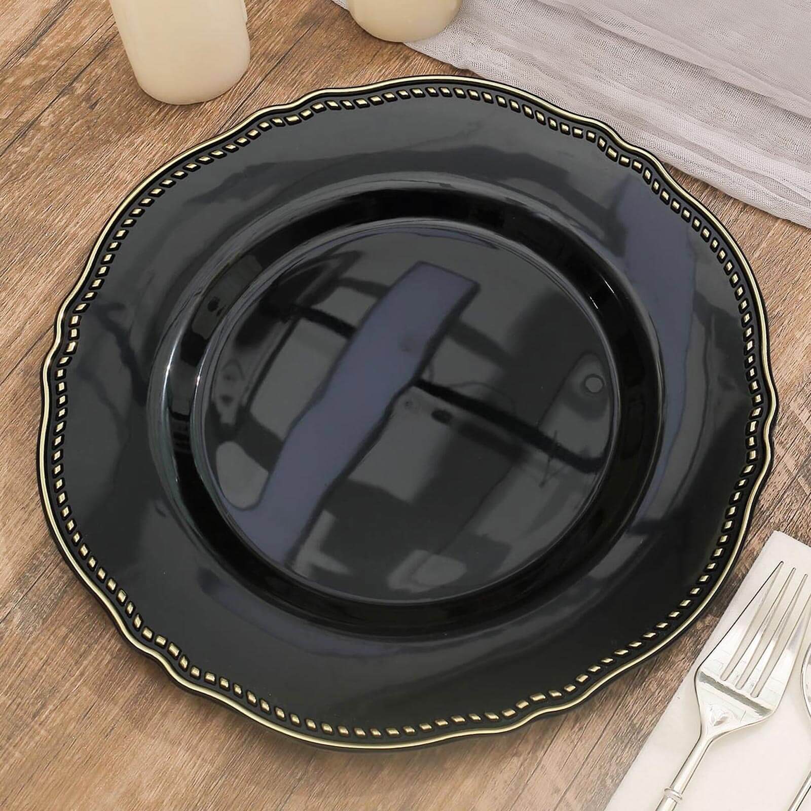 10-Pack Plastic Dinner Plates 10" Black with Gold Scalloped Rim - Large Disposable Party Plates