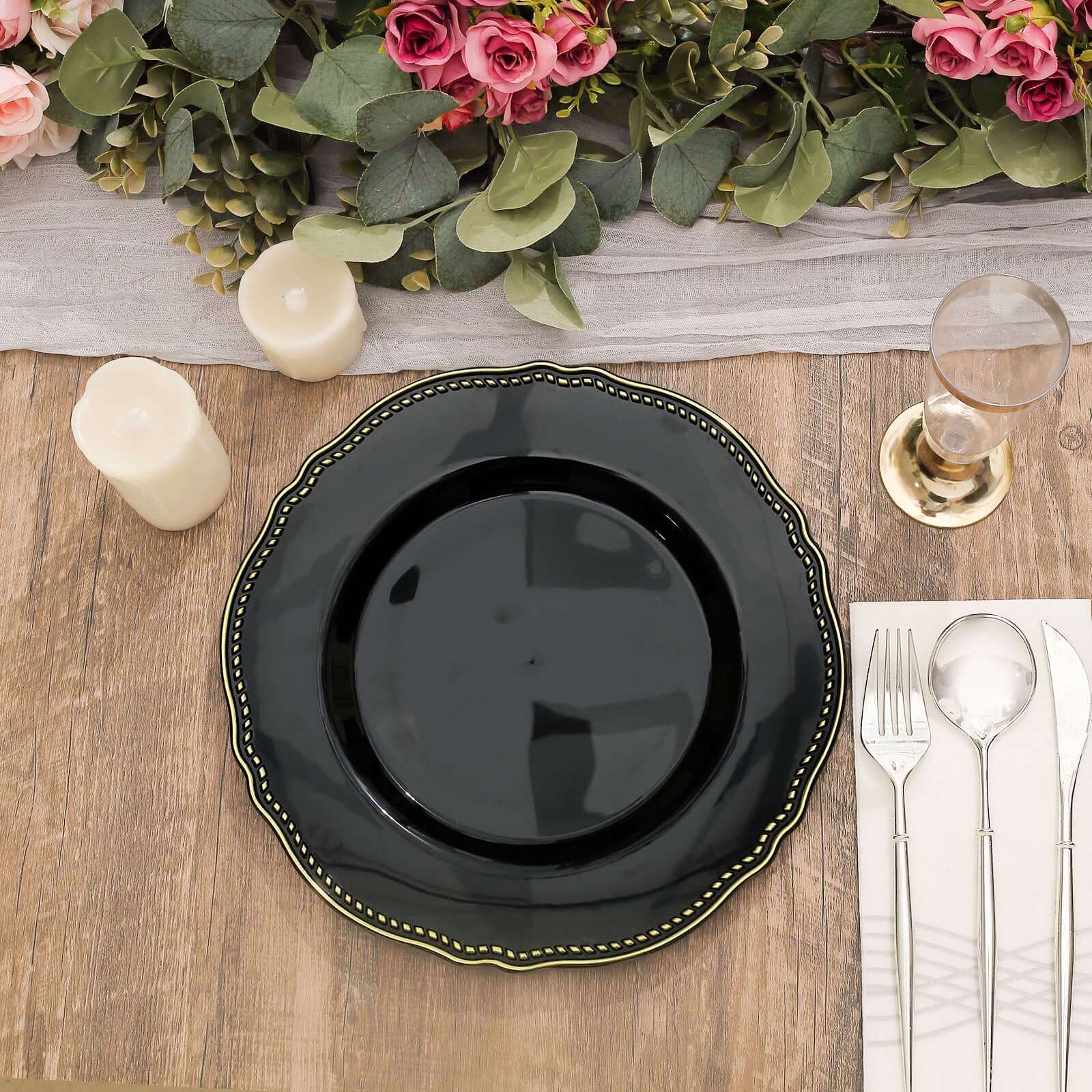 10-Pack Plastic Dinner Plates 10" Black with Gold Scalloped Rim - Large Disposable Party Plates - Image 10