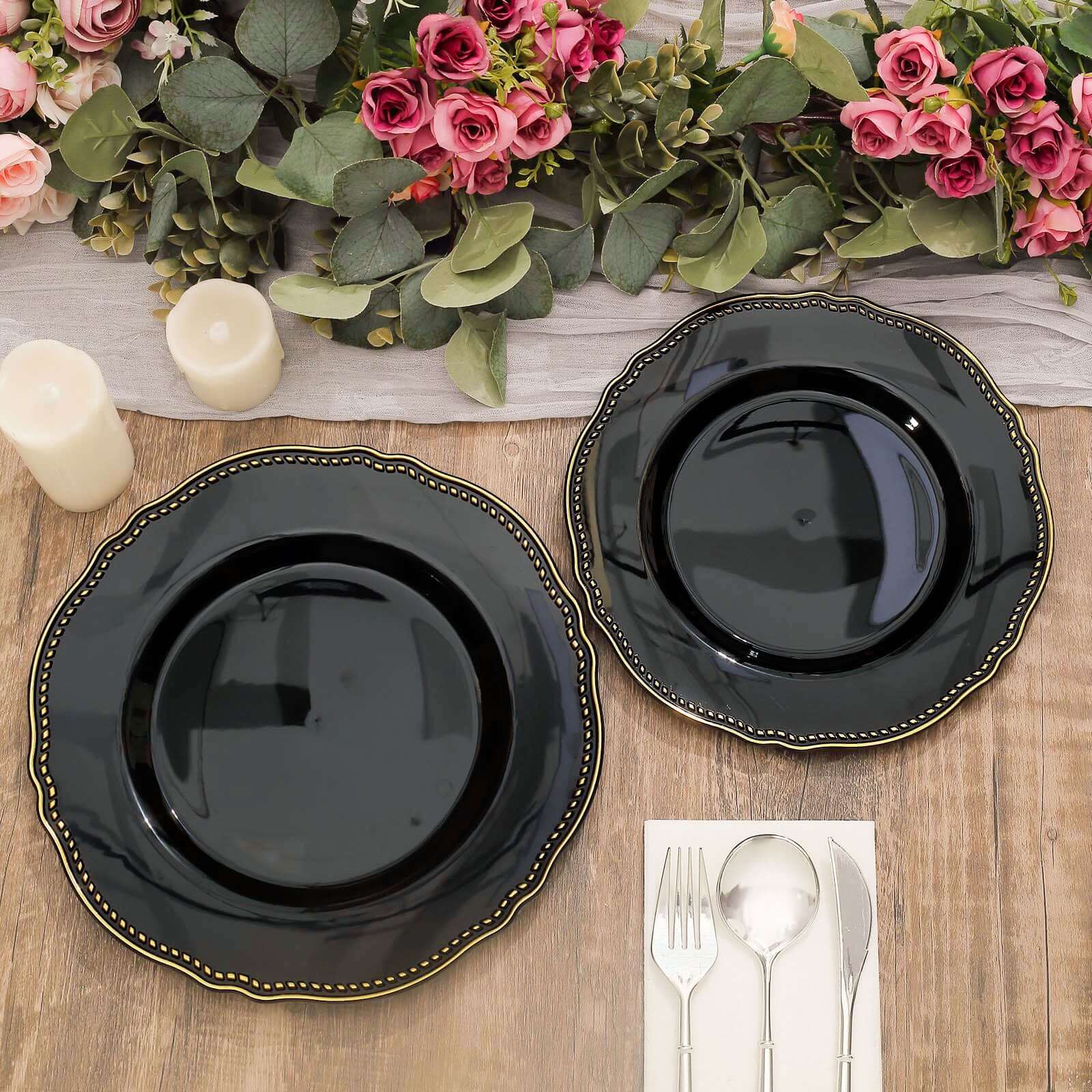 10-Pack Plastic Dinner Plates 10" Black with Gold Scalloped Rim - Large Disposable Party Plates - Image 11