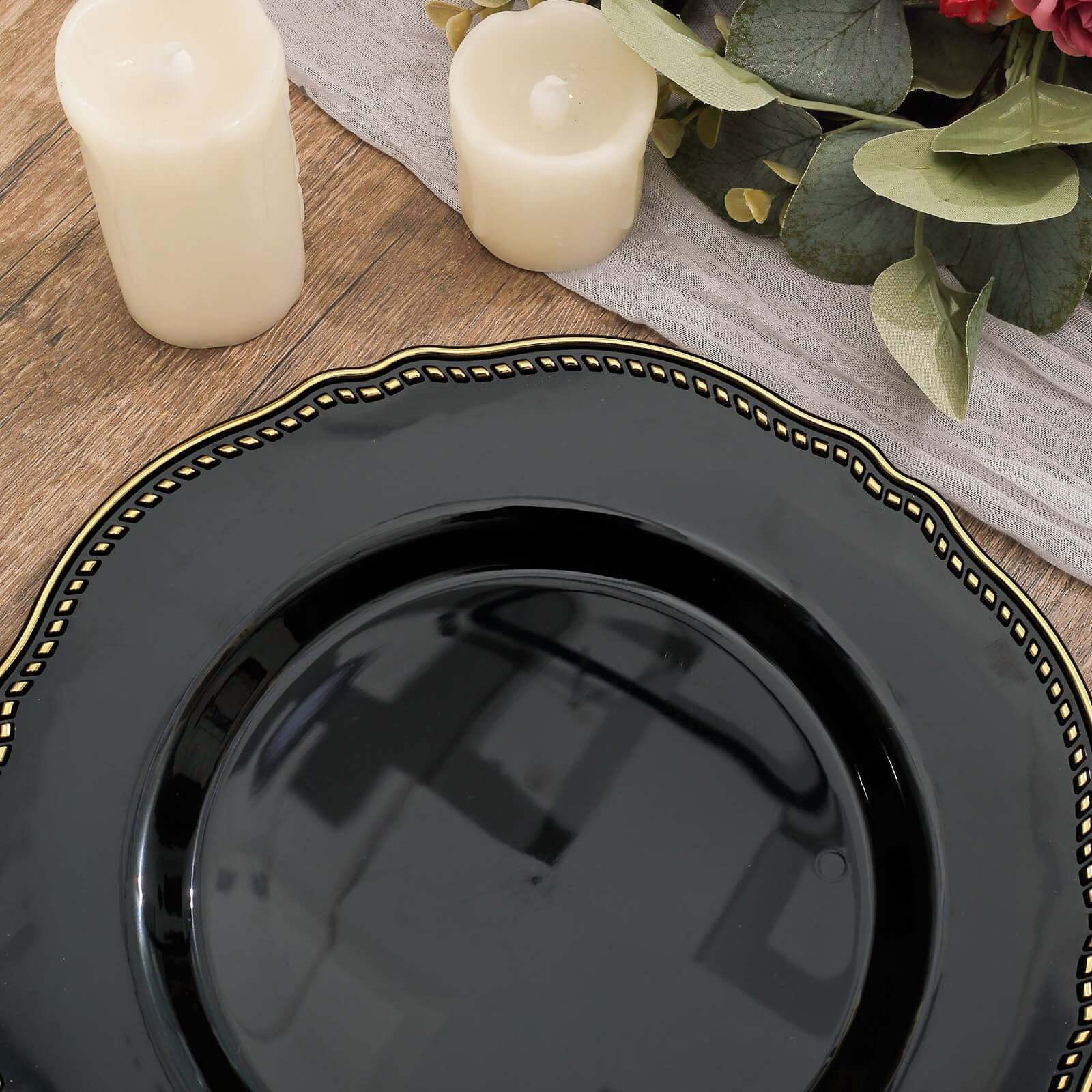 10-Pack Plastic Dinner Plates 10" Black with Gold Scalloped Rim - Large Disposable Party Plates - Image 12