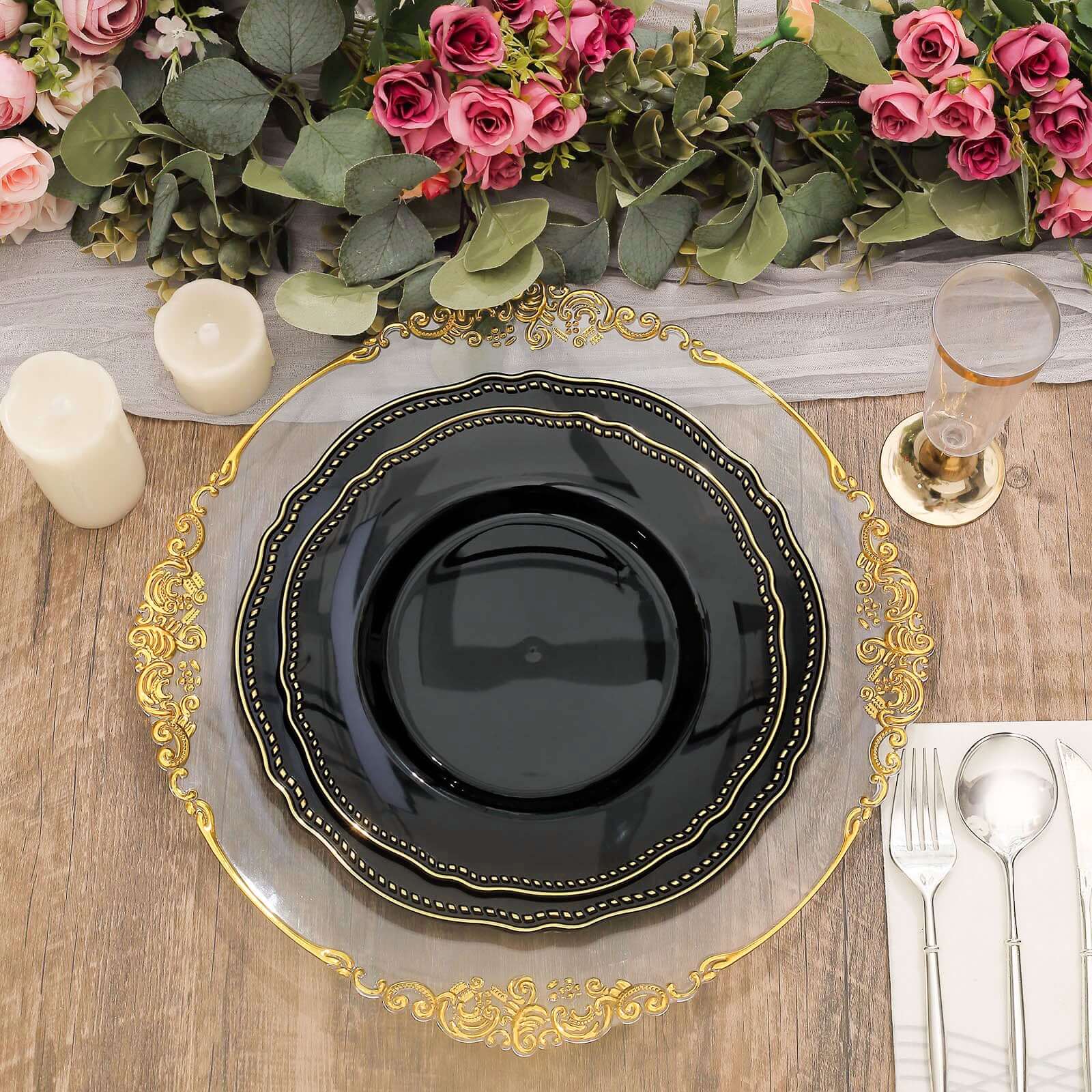 10-Pack Plastic Dinner Plates 10" Black with Gold Scalloped Rim - Large Disposable Party Plates - Image 5