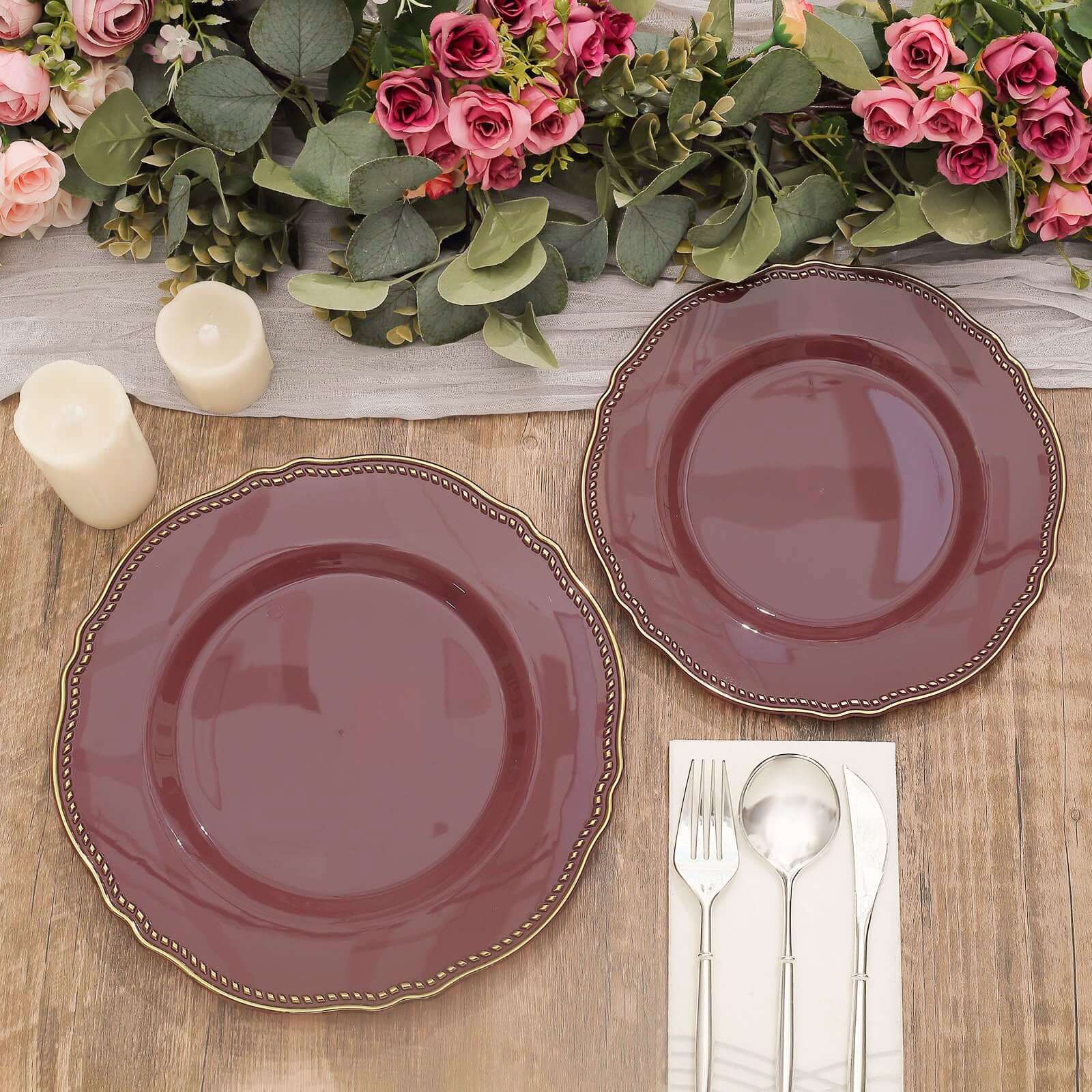 10-Pack Plastic Dinner Plates 10" Cinnamon Rose with Gold Scalloped Rim - Large Disposable Party Plates - Image 11