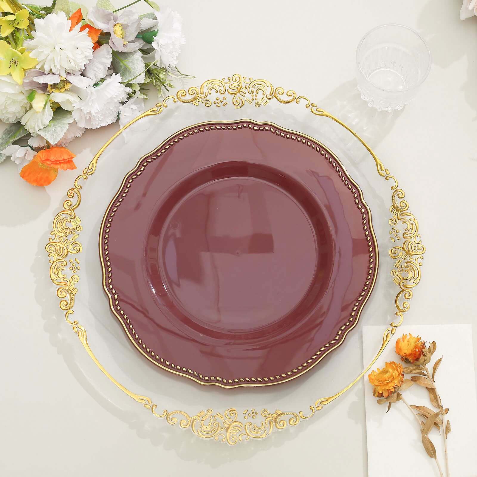 10-Pack Plastic Dinner Plates 10" Cinnamon Rose with Gold Scalloped Rim - Large Disposable Party Plates - Image 2