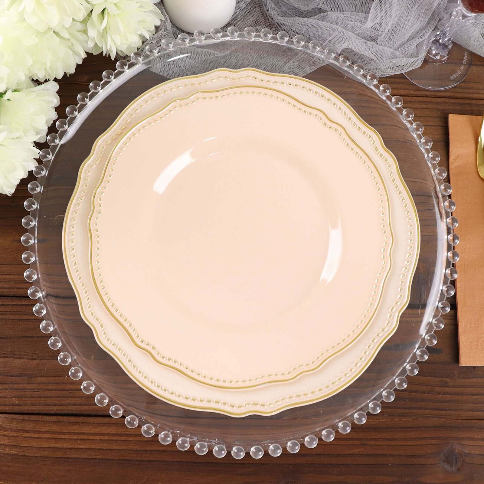 10-Pack Plastic Dinner Plates 10" Nude with Gold Scalloped Rim - Large Disposable Party Plates - Image 2