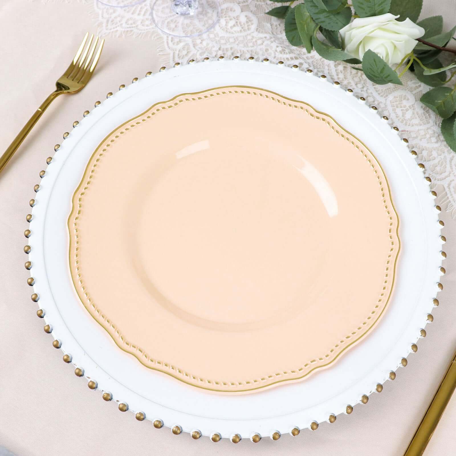10-Pack Plastic Dinner Plates 10" Nude with Gold Scalloped Rim - Large Disposable Party Plates - Image 5