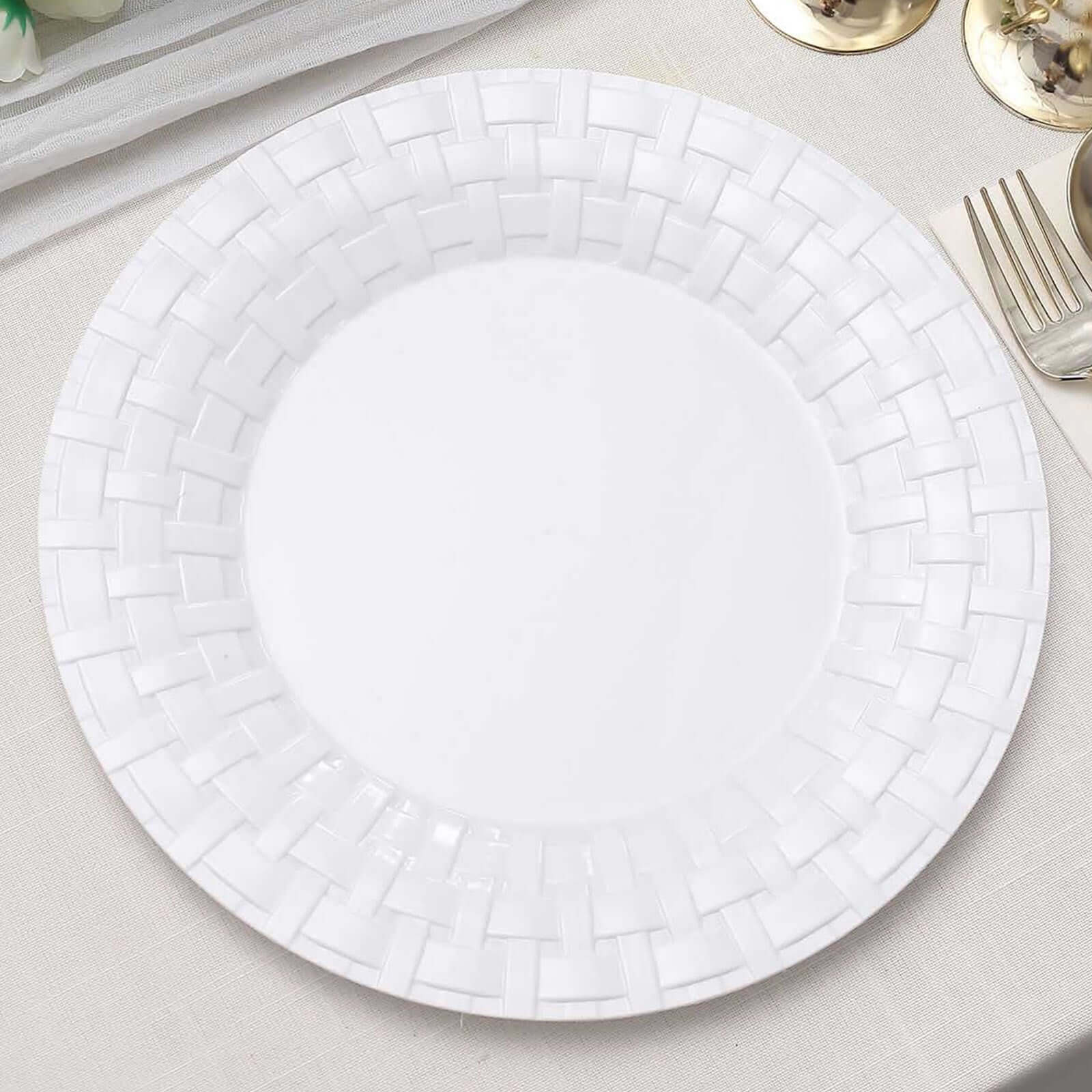 10-Pack Plastic Dinner Plates 10" White Basketweave Rim - Premium Disposable Party Plates