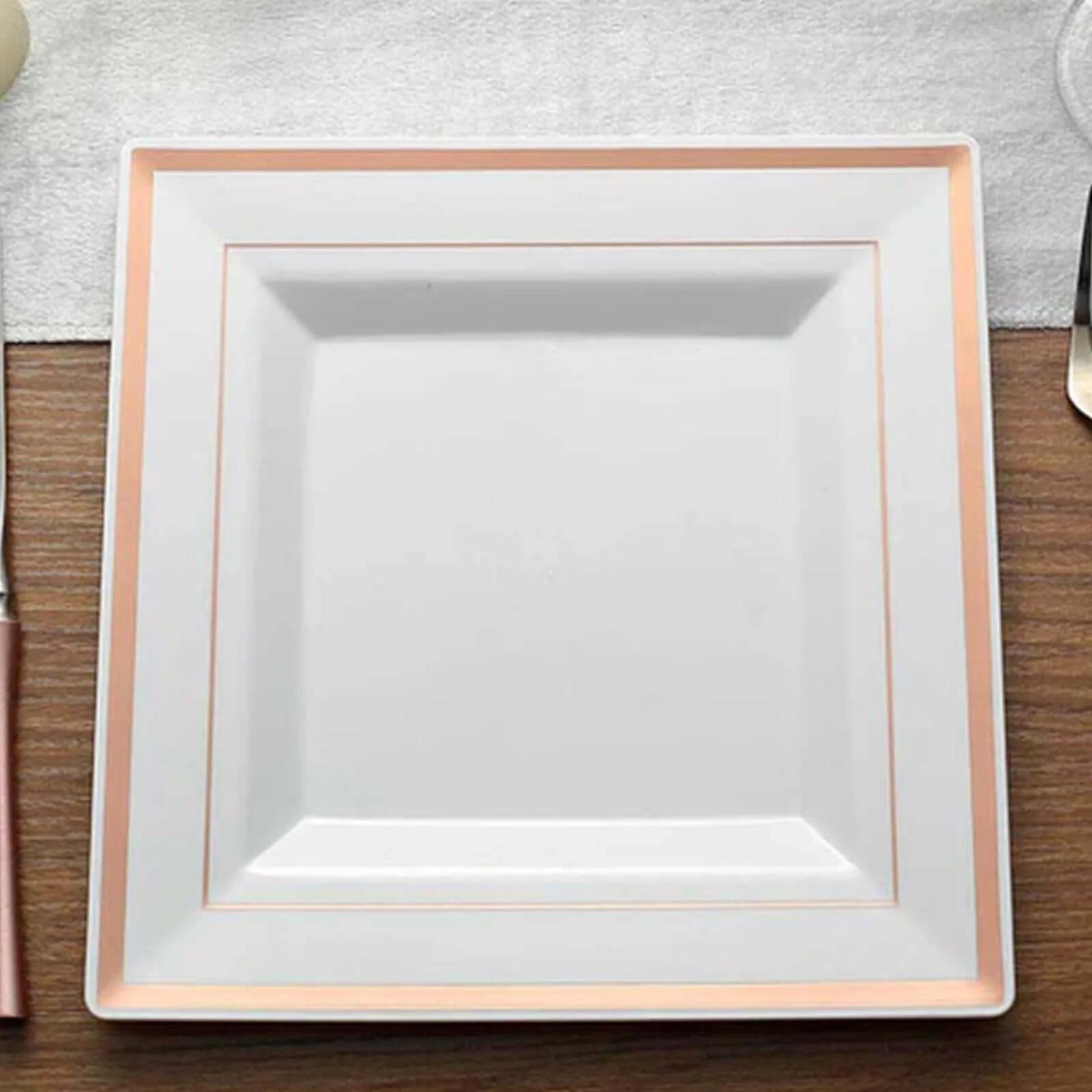 10-Pack Plastic Dinner Plates 10" White Square with Rose Gold Trim - Stylish Disposable Party Plates - Image 2