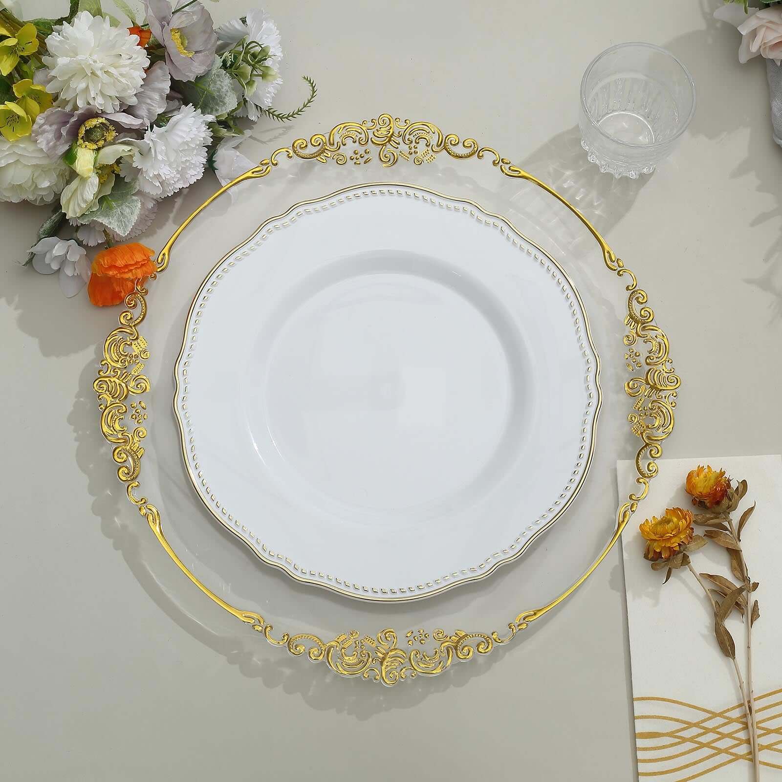 10-Pack Plastic Dinner Plates 10" White with Gold Scalloped Rim - Large Disposable Party Plates for Classy Buffets & Catered Events - Image 2