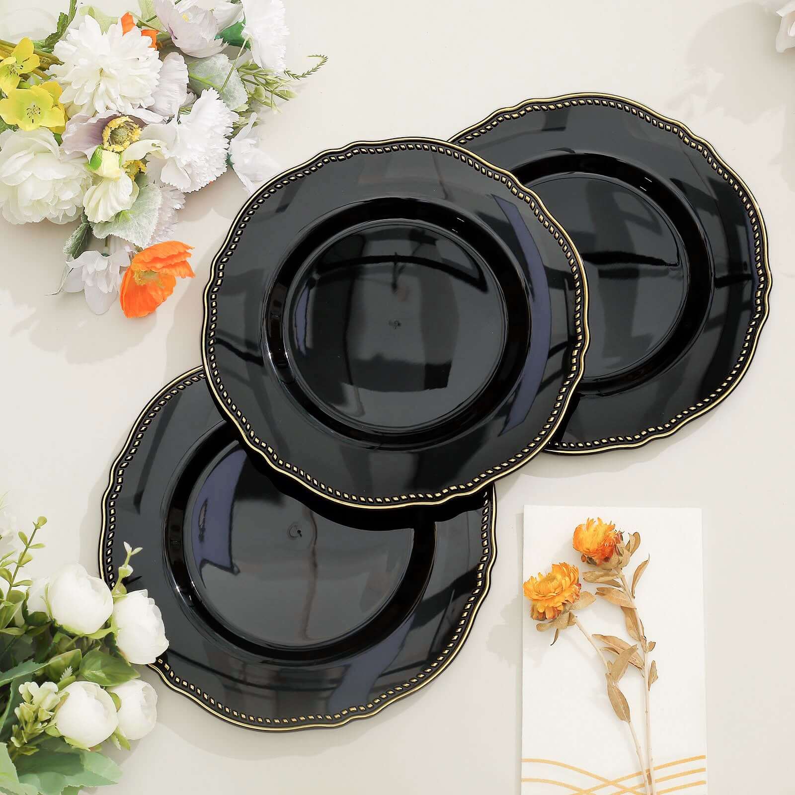 10-Pack Plastic Dinner Plates 9" Black with Gold Scalloped Rim - Disposable Party Plates - Image 10