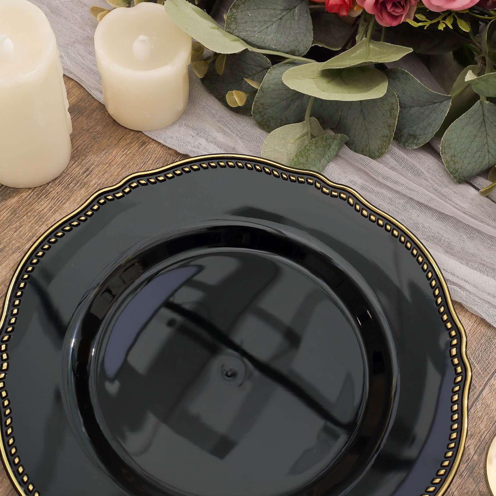10-Pack Plastic Dinner Plates 9" Black with Gold Scalloped Rim - Disposable Party Plates - Image 12