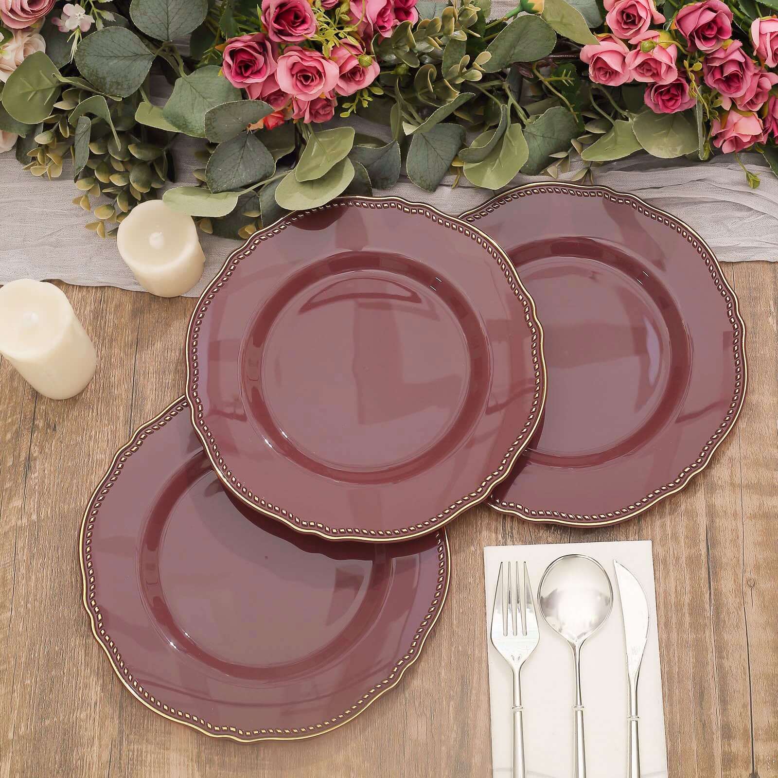 10-Pack Plastic Dinner Plates 9" Cinnamon Rose with Gold Scalloped Rim - Disposable Party Plates - Image 12
