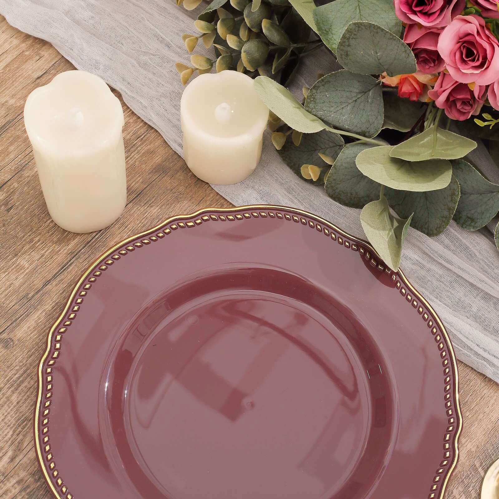 10-Pack Plastic Dinner Plates 9" Cinnamon Rose with Gold Scalloped Rim - Disposable Party Plates - Image 13