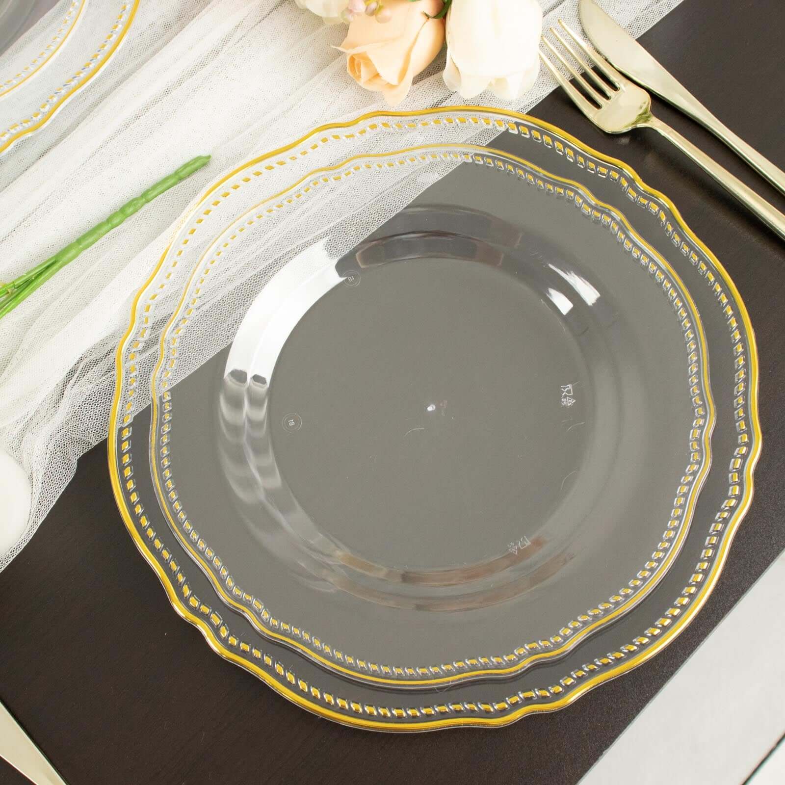10-Pack Plastic Dinner Plates 9" Clear with Gold Scalloped Rim - Disposable Party Plates - Image 12